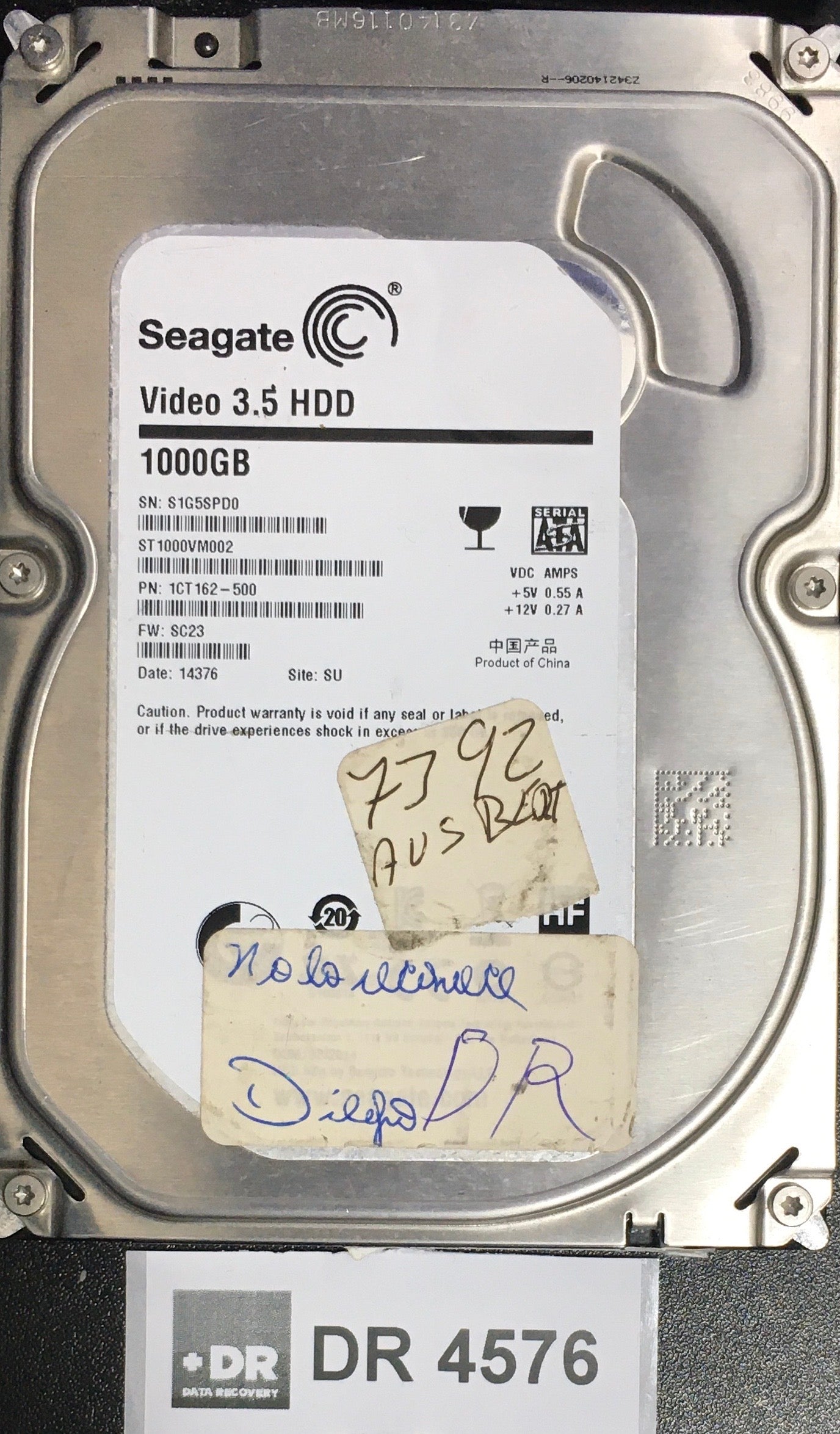 ST1000VM002,  P/N: 1CT-162-500,  FW: SC23,  Serial: S1G5SPD0,  1000GB 3.5  PCB-100687658 REV C