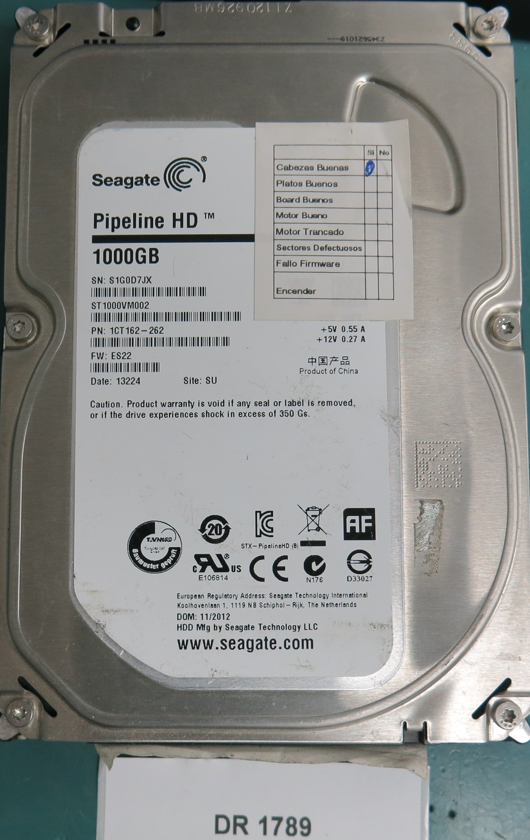 ST1000VM002, P/N: 1CT162-262, FW: ES22, Serial: S1G0D7JX, 1000GB 3.5