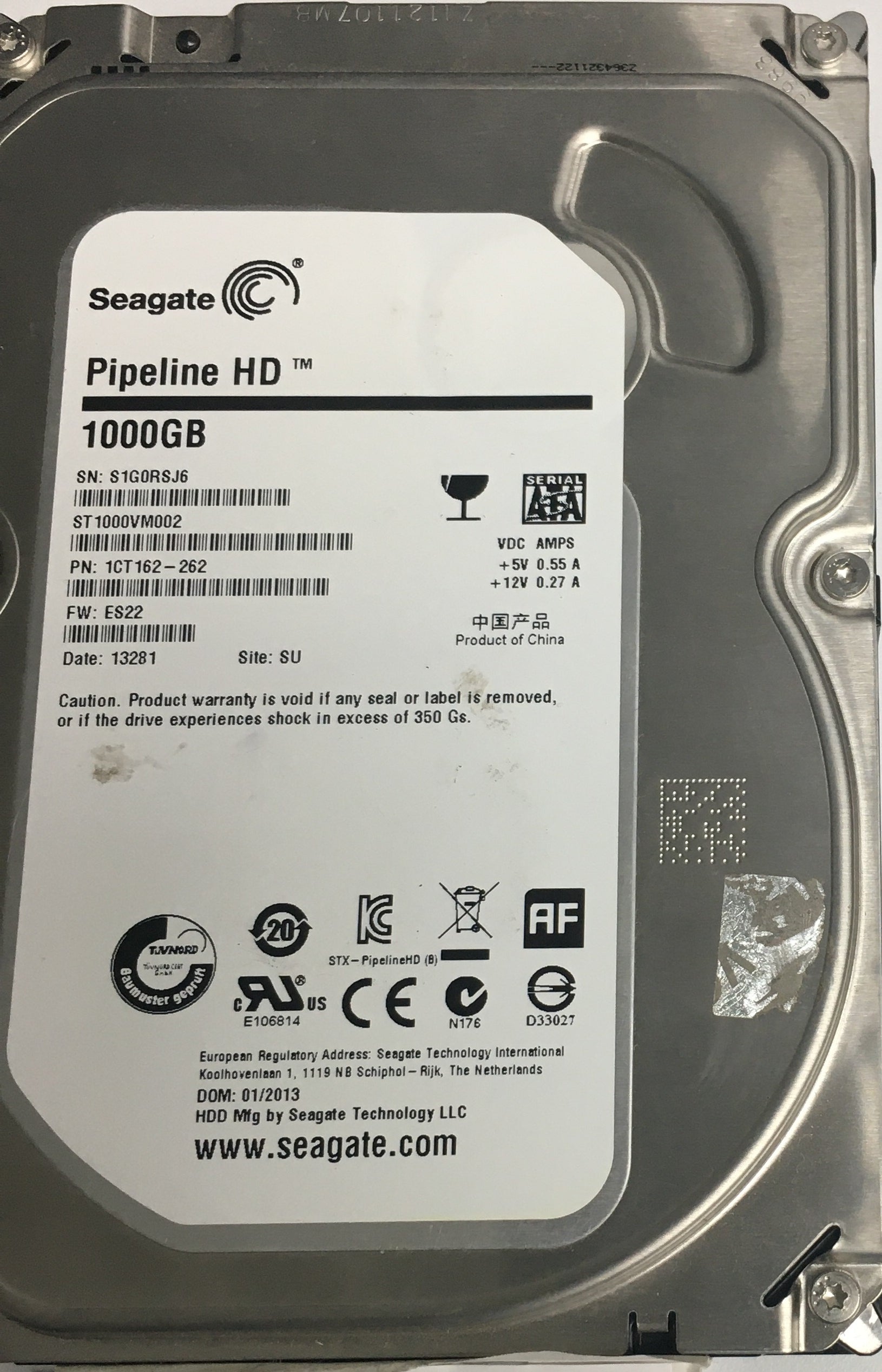 ST1000VM002 P/N: 1CT162-262 FW: ES22 Serial: S1G0RSJ6 1000GB 3.5 PCB: 100687658 REV C