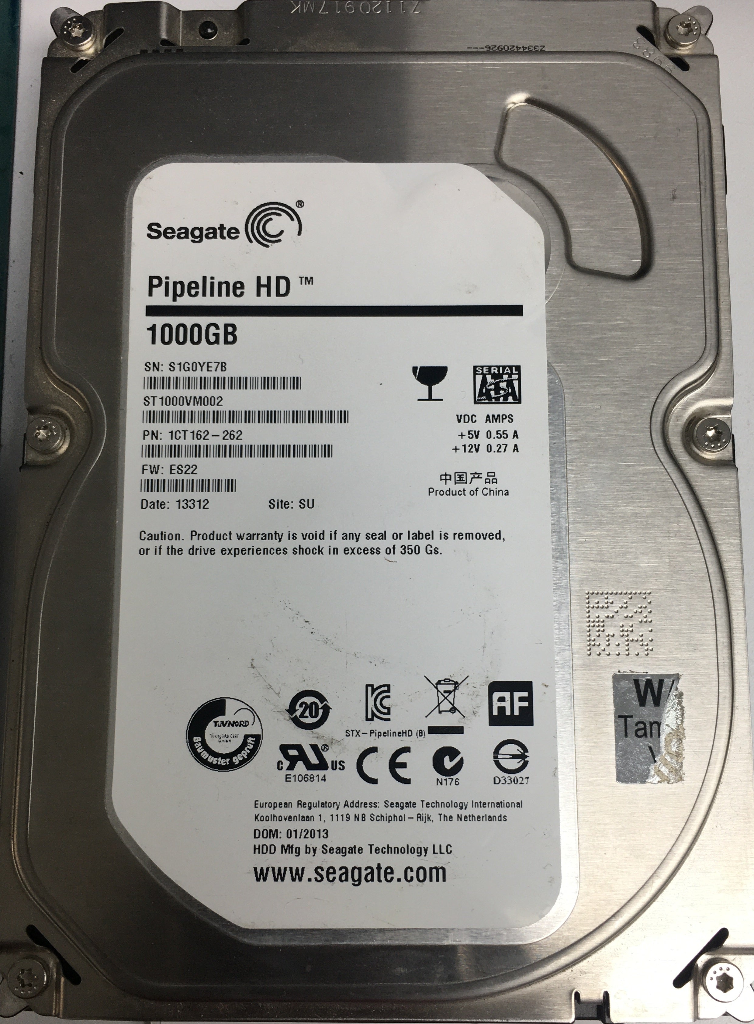 ST1000VM002 P/N: 1CT162-262 FW: ES22 Serial: S1G0YE78 1000GB 3.5 PCB: 100687658 REV C