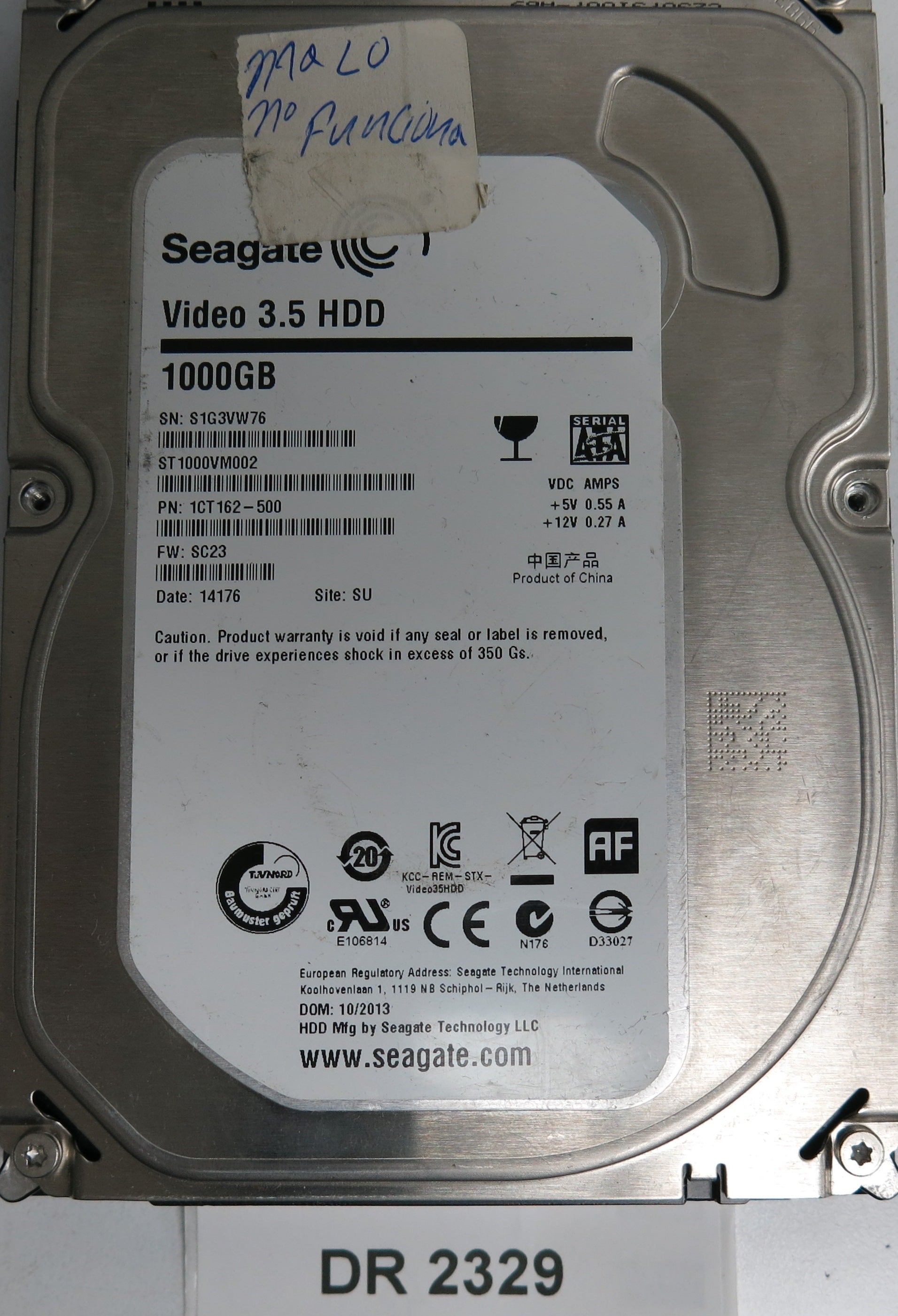ST1000VM002, P/N: 1CT162-500, FW: SC23, Serial: S1G3VW76, 1000GB 3.5