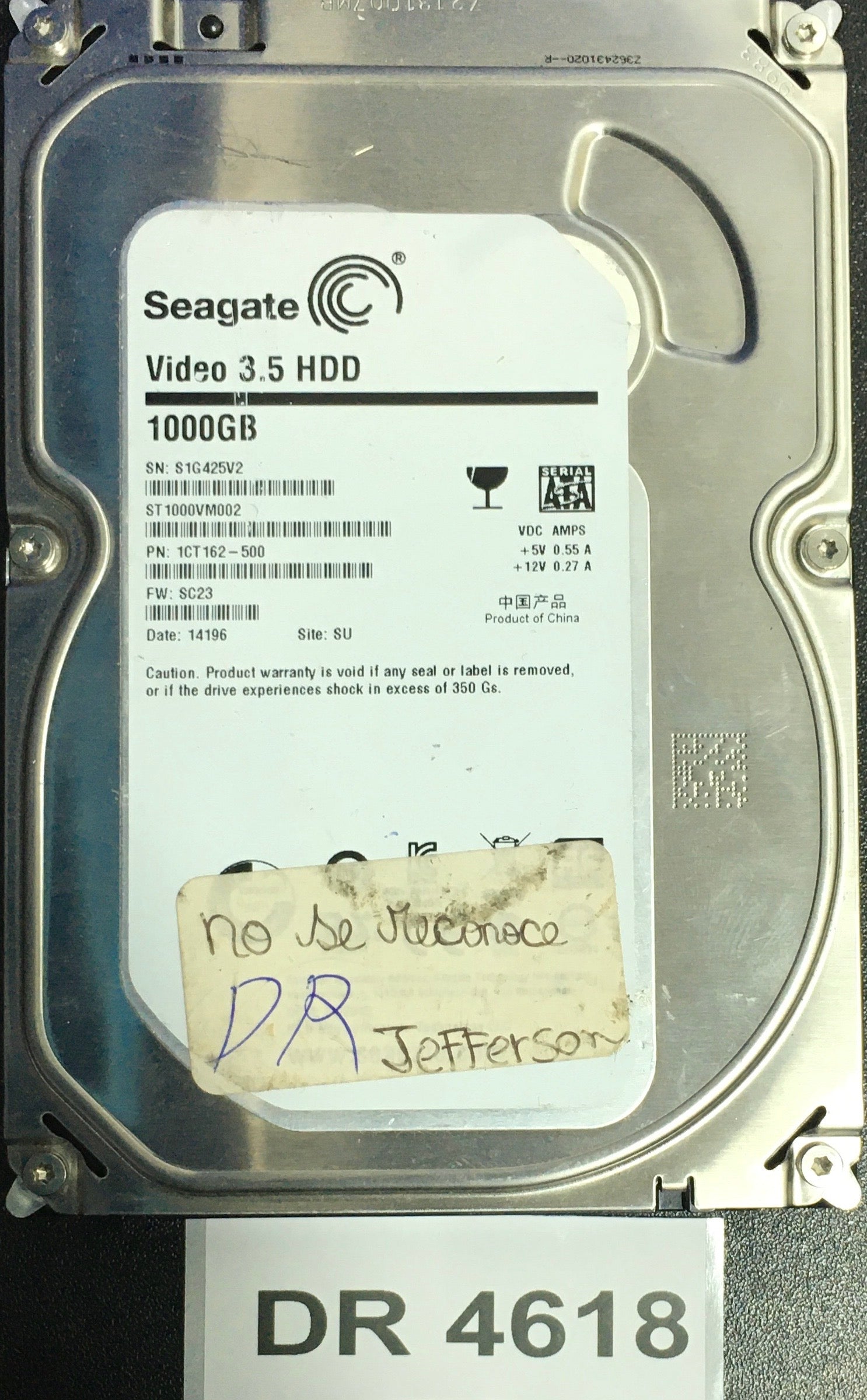 ST1000VM002,  P/N: 1CT162-500,  FW: SC23,  Serial: S1G425V2,  1000GB 3.5  PCB:100687658- REV C