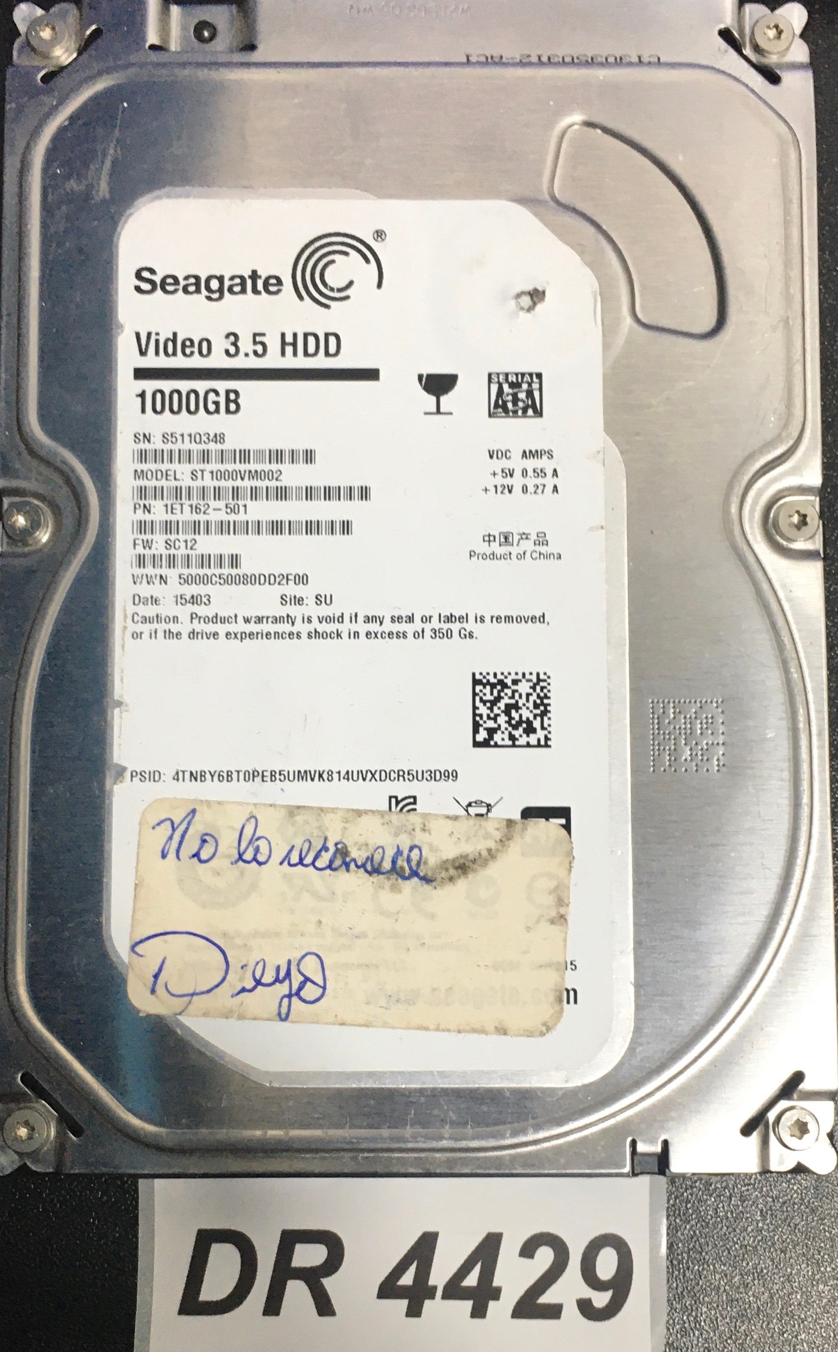 ST1000VM002 P/N:  1ET162-501  FW:SC12 Serial: S511Q348  1000GB 3.5  PCB: 100724095 REV A