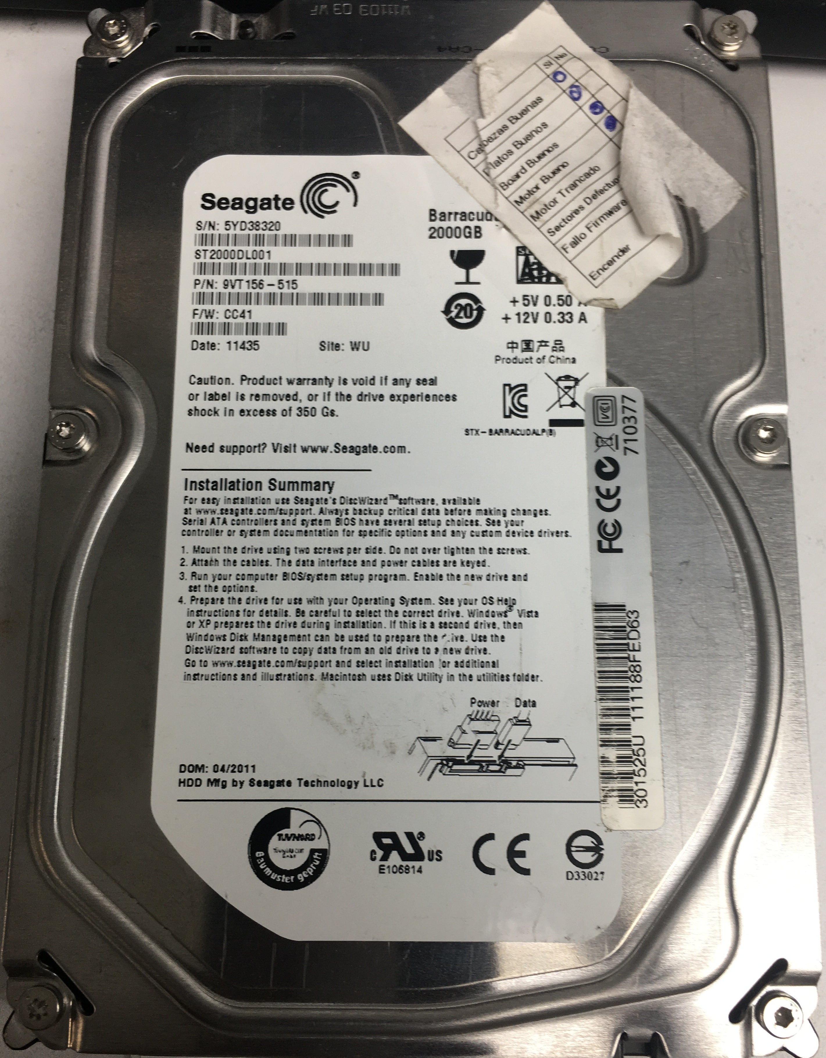 ST2000DL001, P/N: 9VT156-515, FW: CC41, Serial: 5YD38320, 2000GB 3.5, PCB: 100617465  REV B