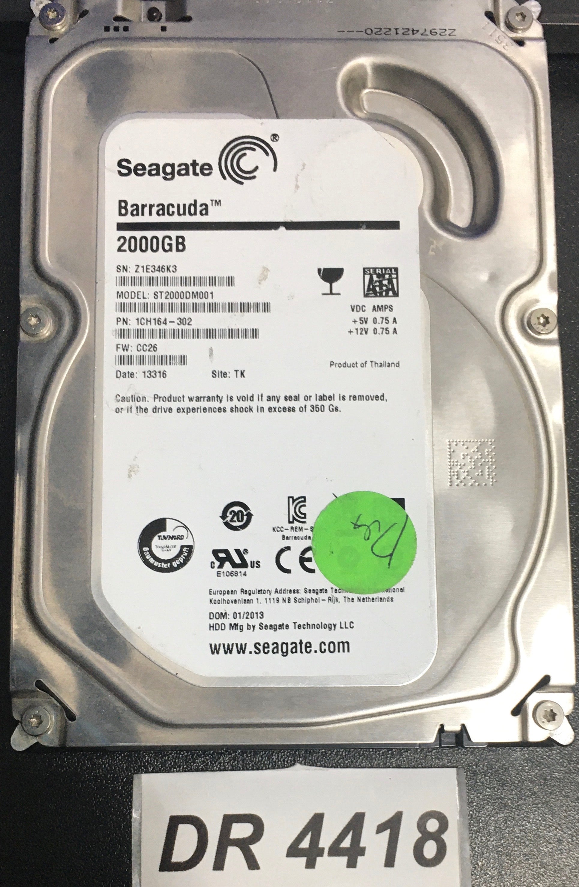 ST2000DM001 P/N:  1CH164-302  FW:CC26 Serial Number:Z1E346K3   2000GB 3.5  PCB: 100687658 REV C