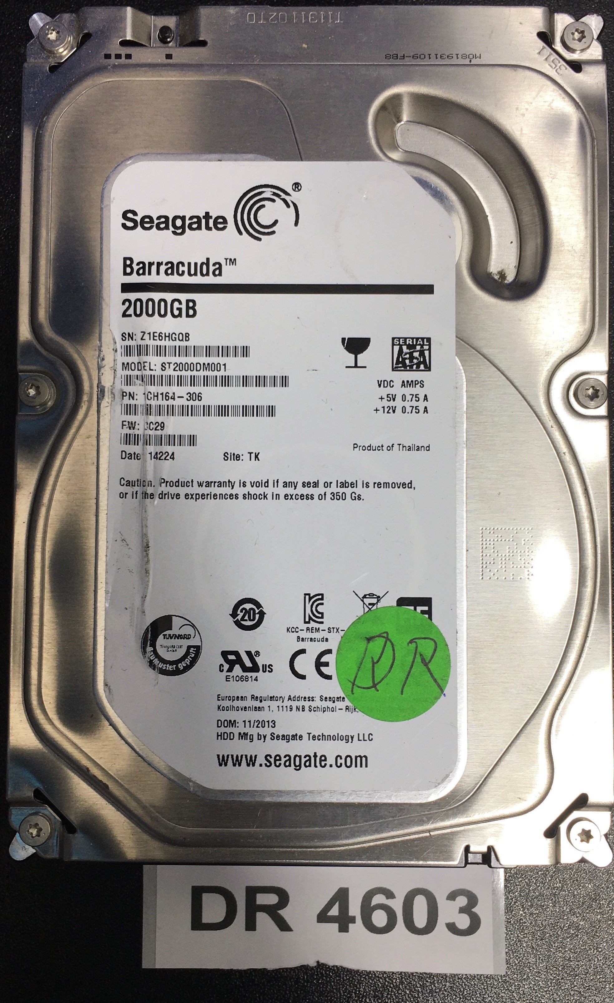 ST2000DM001,  P/N: 1CH164-306,  FW: CC29,  Serial: Z1E6HGQB,  2000GB 3.5  PCB:100717520- REV B