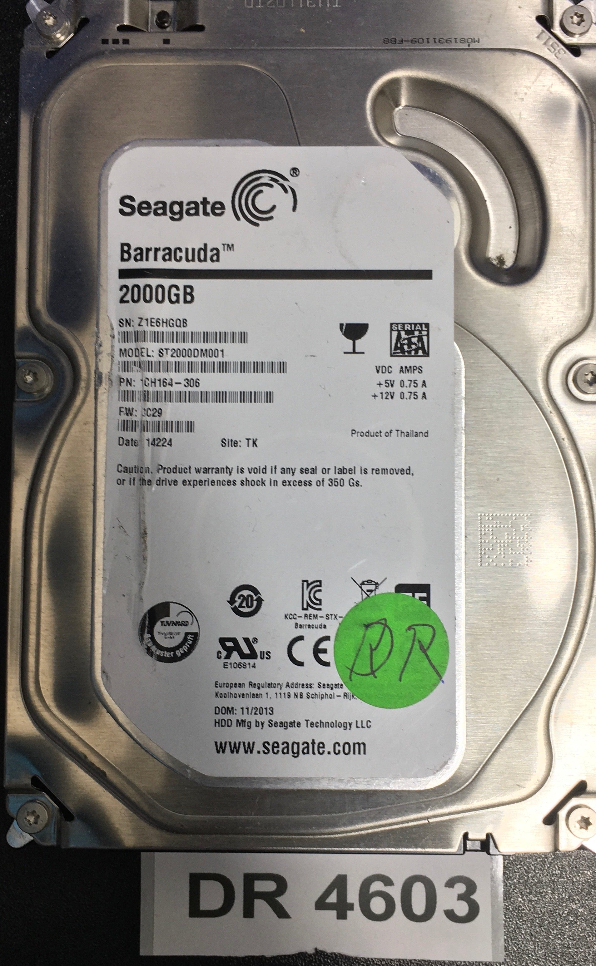ST2000DM001,  P/N: 1CH164-306,  FW: CC29,  Serial: Z1E6HGQB,  2000GB 3.5  PCB:100717520- REV B