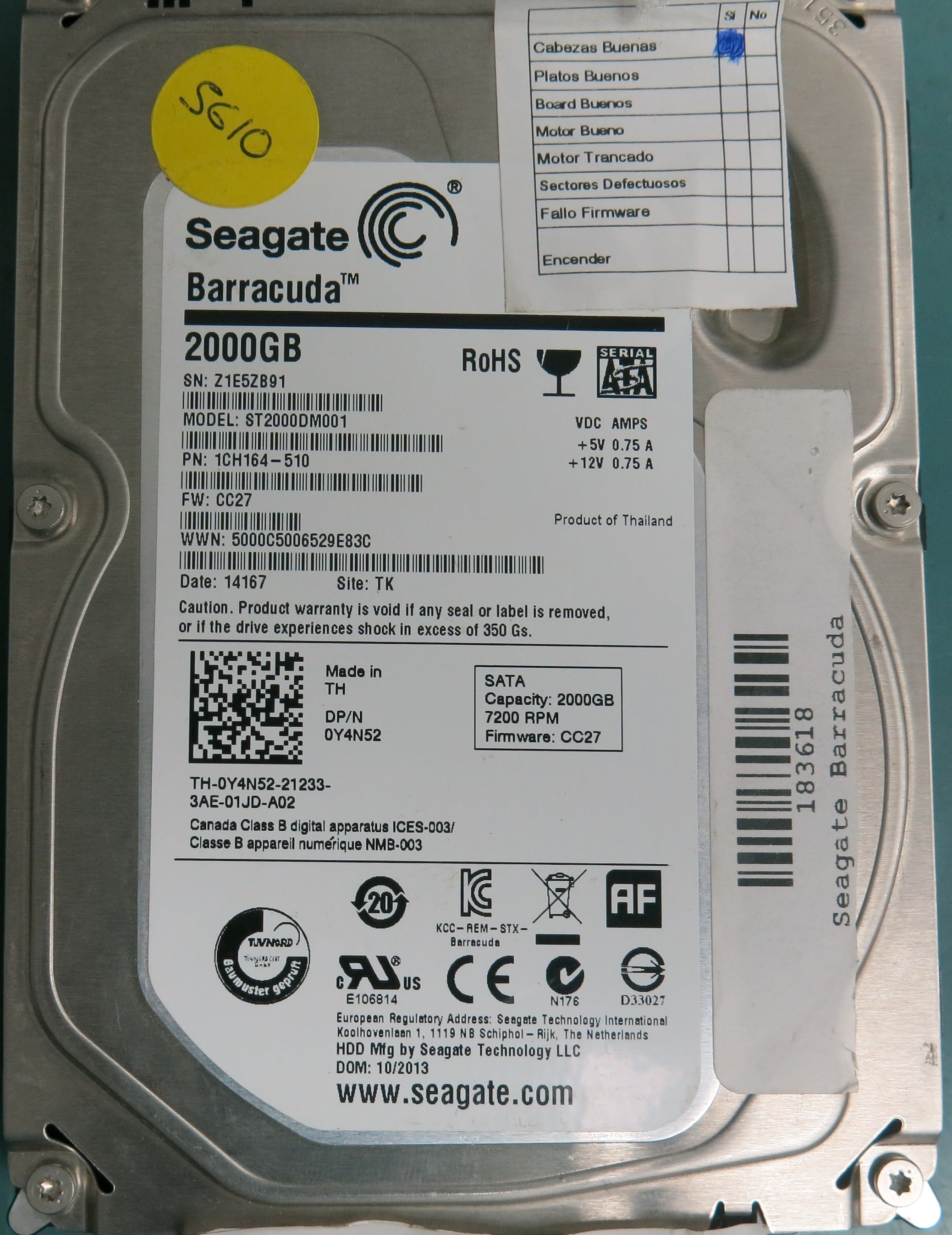 ST2000DM001, P/N: 1CH164-510, FW: CC27, Serial: Z1E5ZB91, 2000GB 3.5