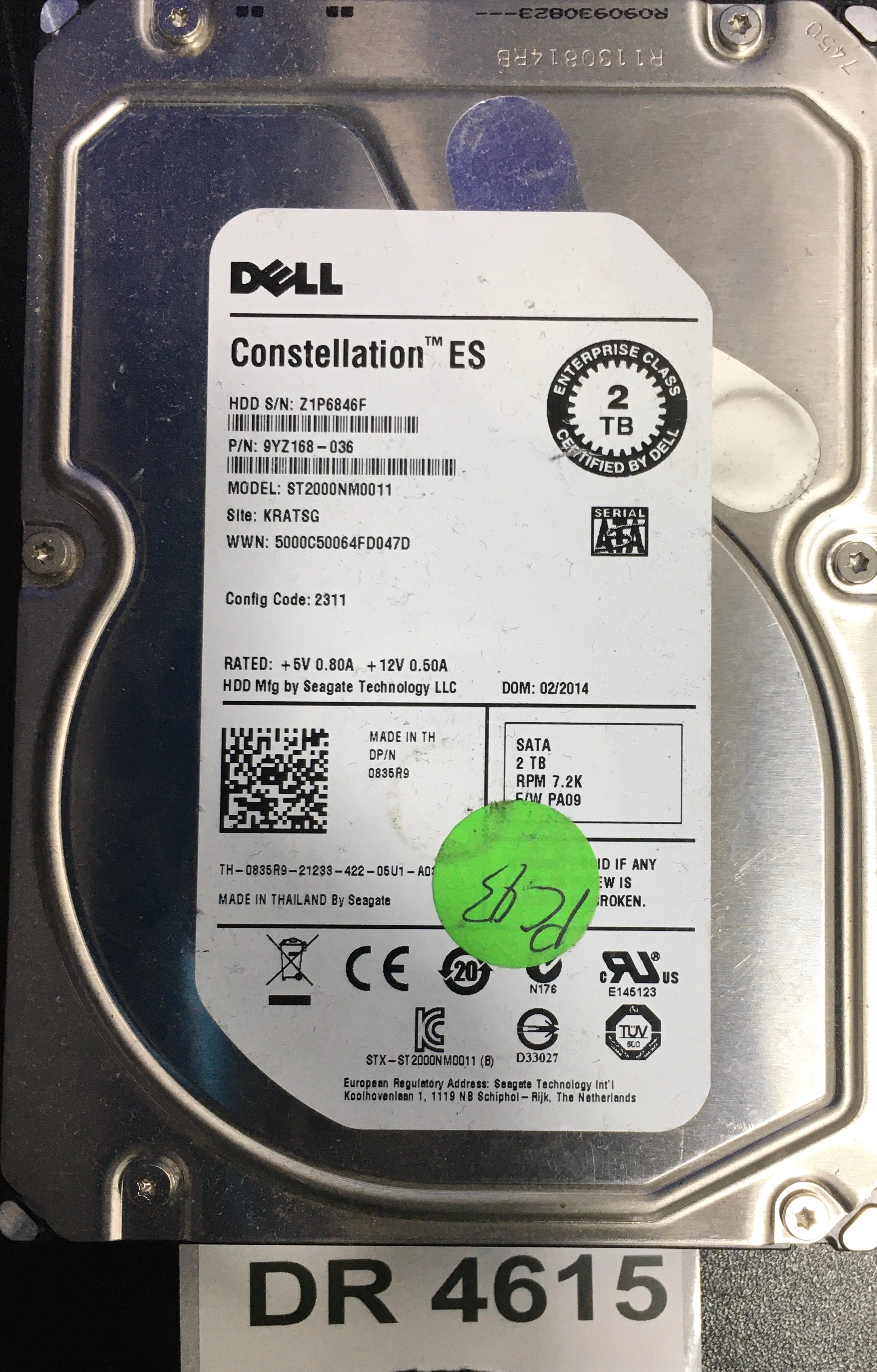 ST2000NM0011,  P/N: 9YZ168,  FW: PA09,  Serial: Z1P6846F,  2000GB 3.5  PCB :100643297- REV B