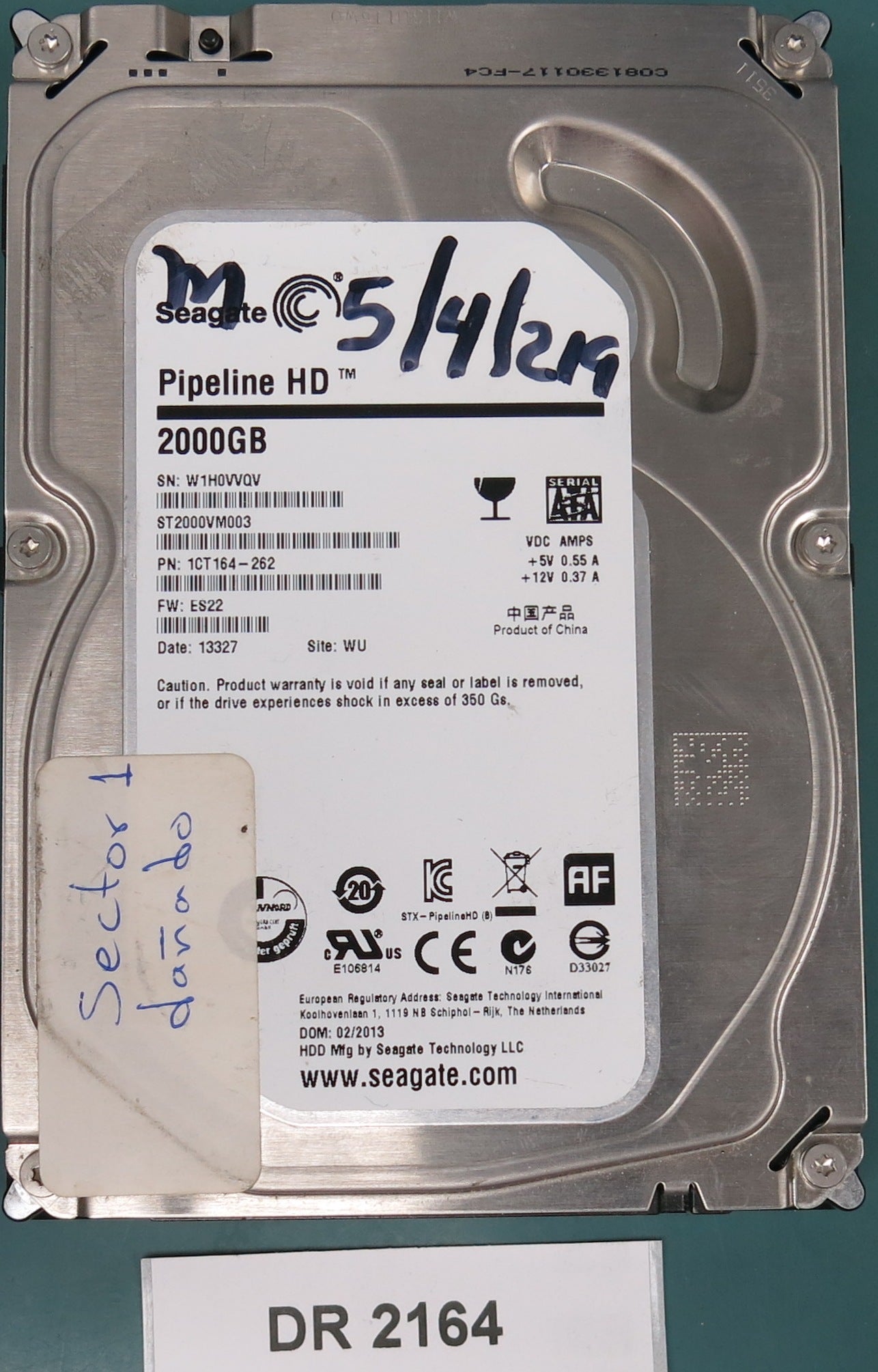 ST2000VM003, P/N: 1CT164-262, FW: ES22, Serial: W1H0VVQV, 2000GB 3.5, PCB: 100687658 REV C