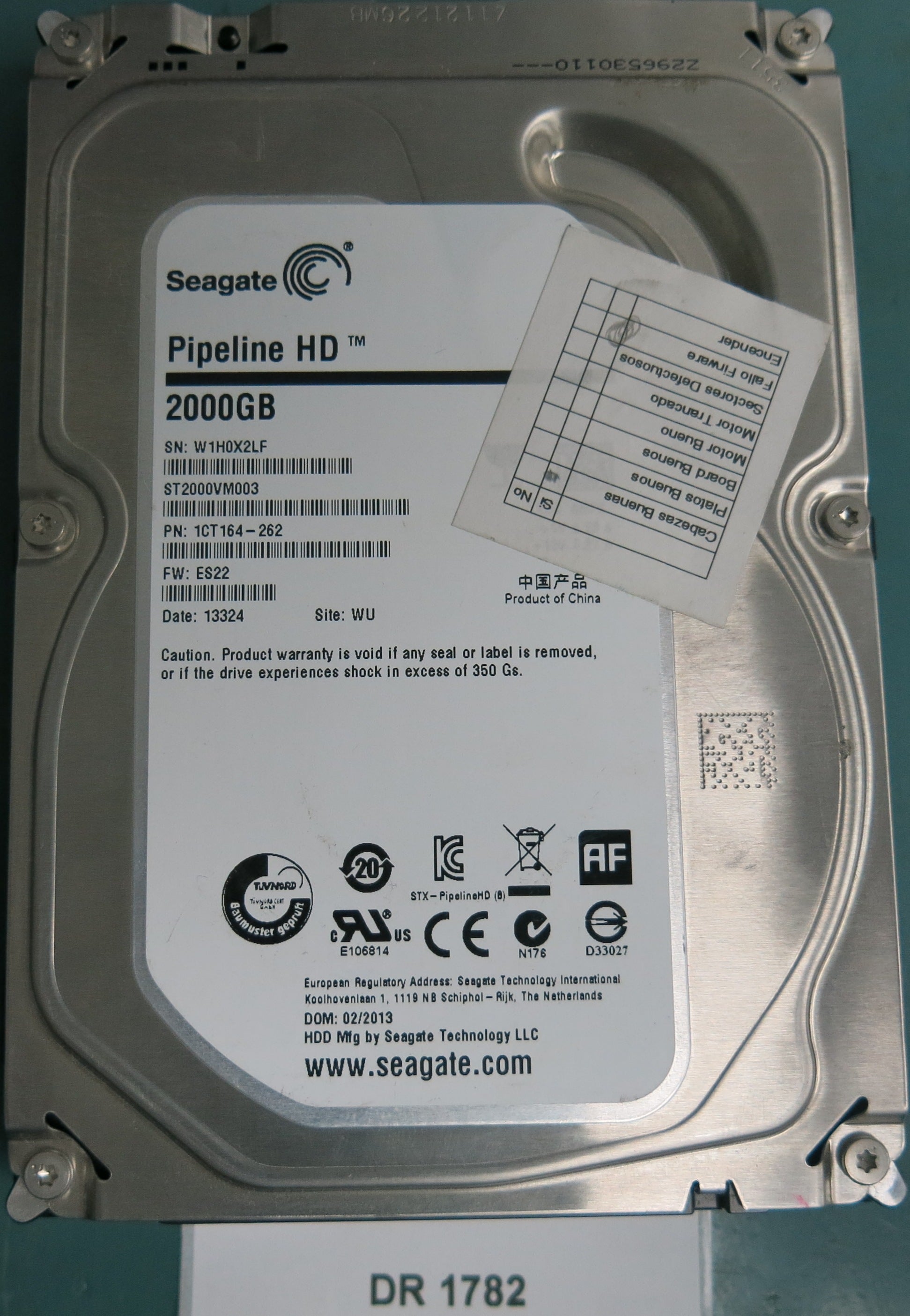 ST2000VM003, P/N: 1CT164-262, FW: ES22, Serial: W1H0X2LF, 2000GB 3.5