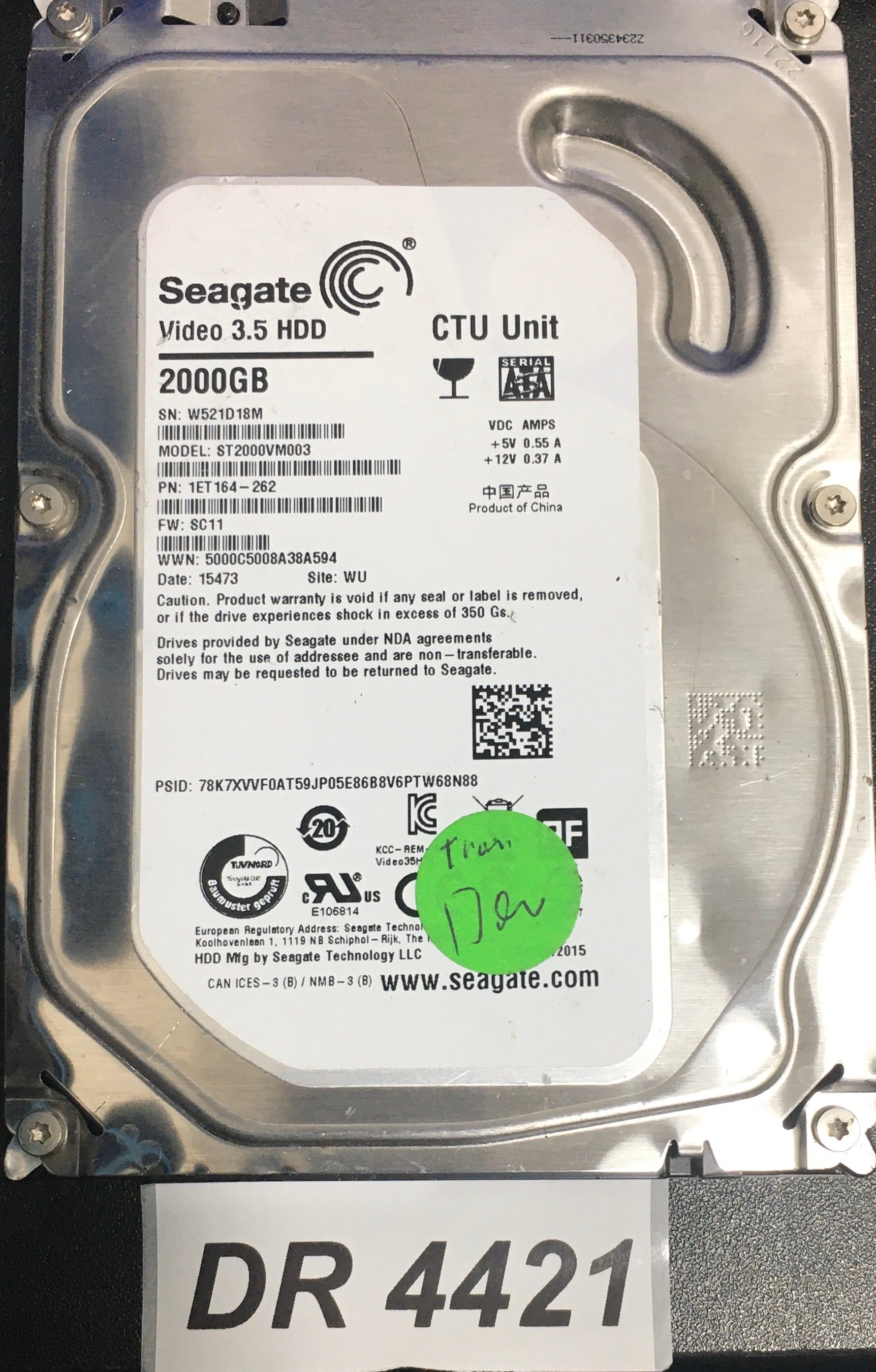 ST2000VM003  P/N: 1ET164'262,  FW: SC11,  Serial: W521D18M,  2000GB 3.5  PCB:100724095- REV A