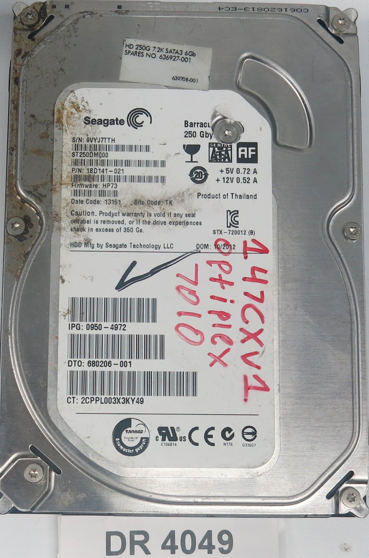ST250DM000, P/N: 1BD141-021, FW: HP73, Serial: 9VYJ7TTH, 250GB 3.5, PCB: 100535704 REV C