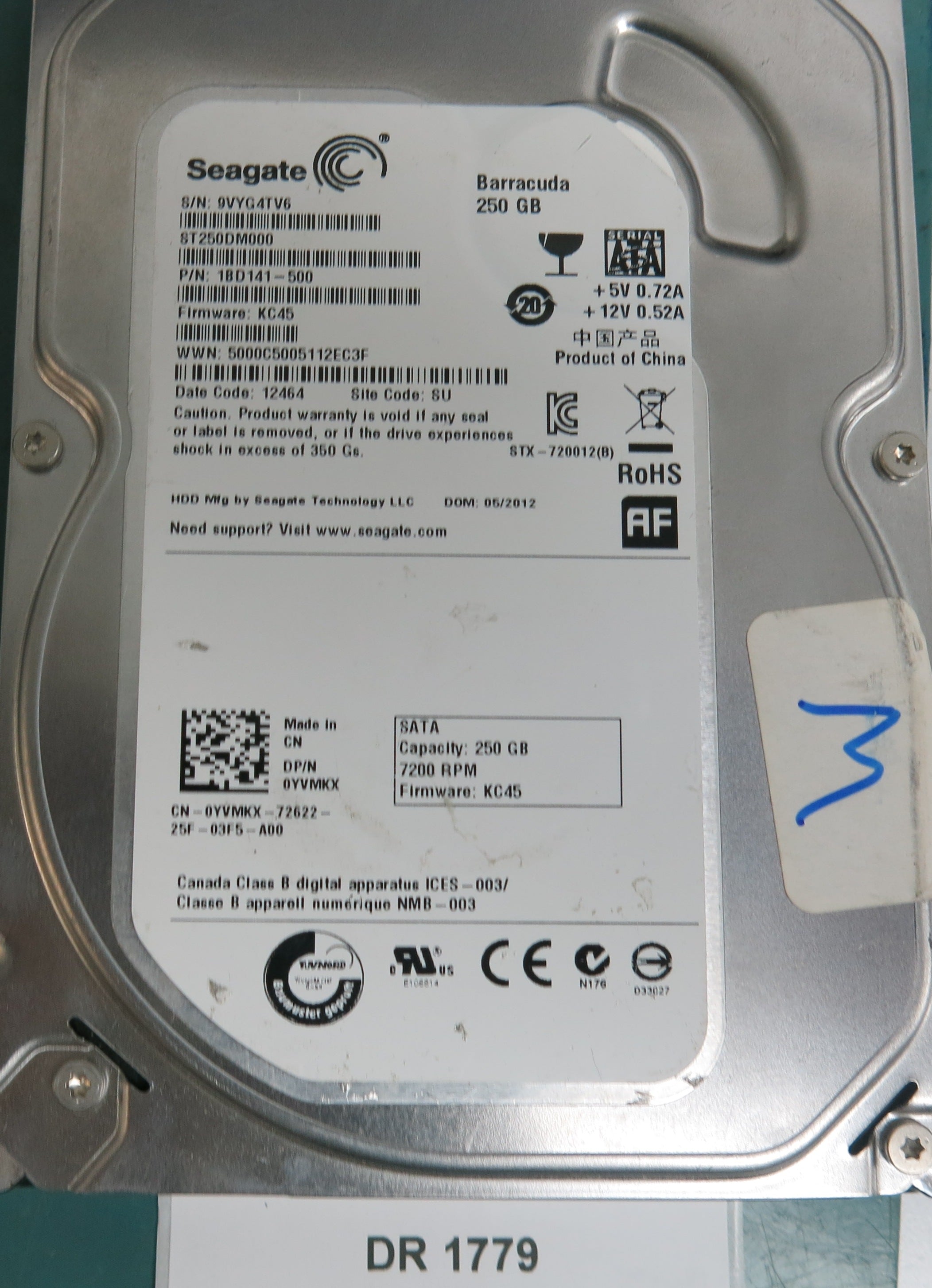 ST250DM000, P/N: 1BD141-500, FW: KC45, Serial: 9VYG4TV6, 250GB 3.5