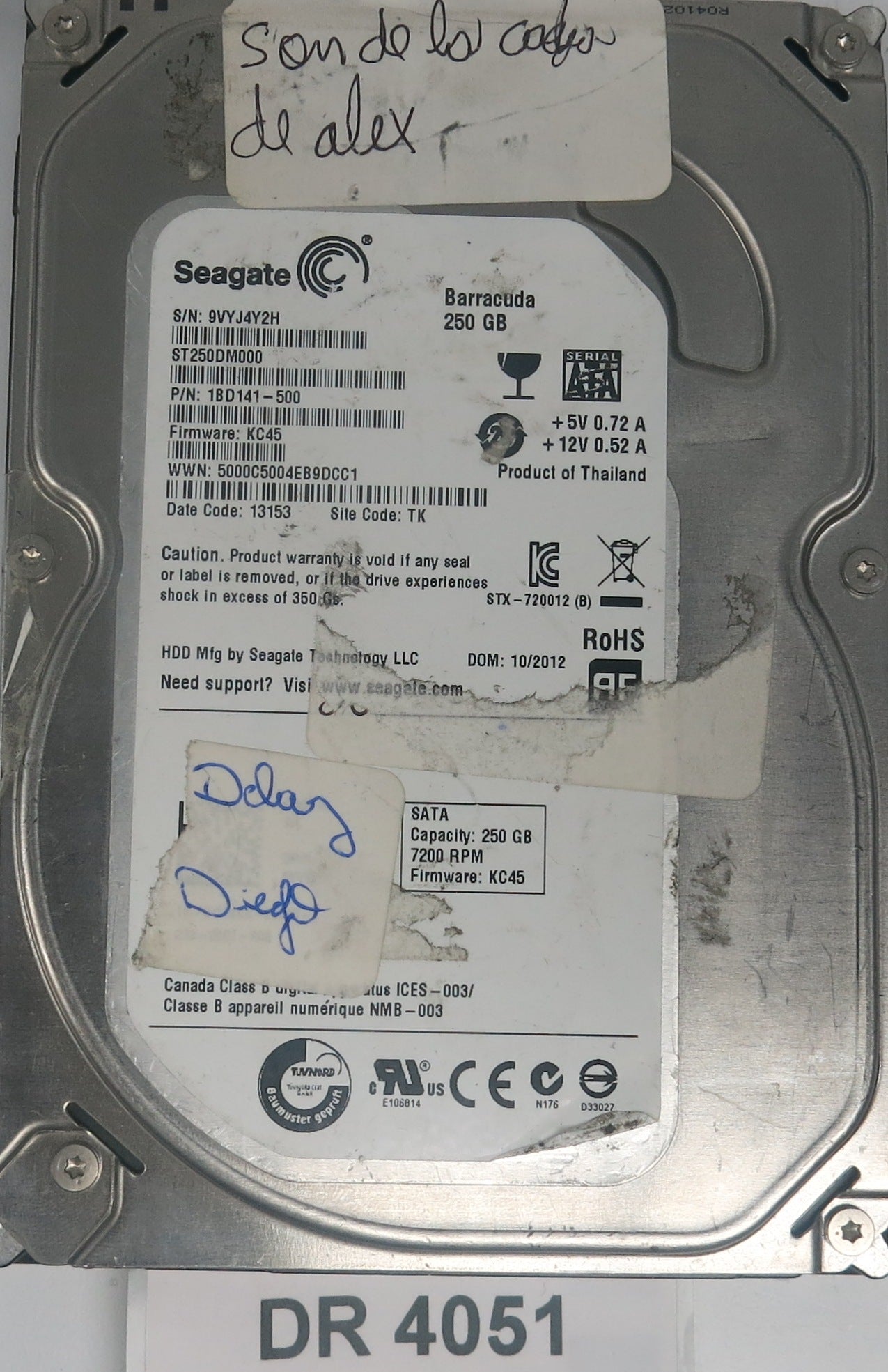 ST250DM000, P/N: 1BD141-500, FW: KC45, Serial: 9VYJ4Y2H, 250GB 3.5, PCB: 100535704 REV C