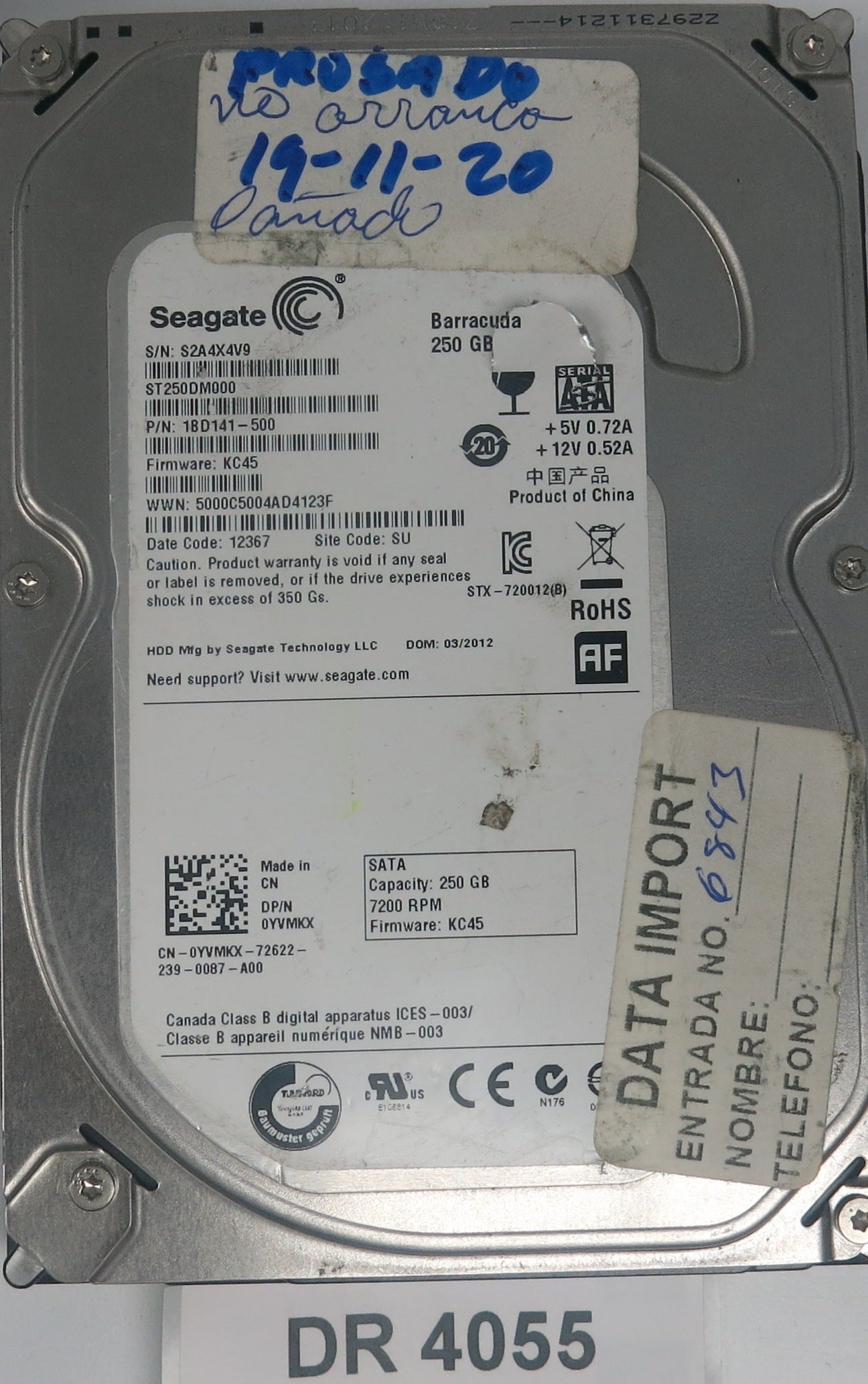 ST250DM000, P/N: 1BD141-500, FW: KC45, Serial: S2A4X4V9, 250GB 3.5, PCB: 100535704 REV C