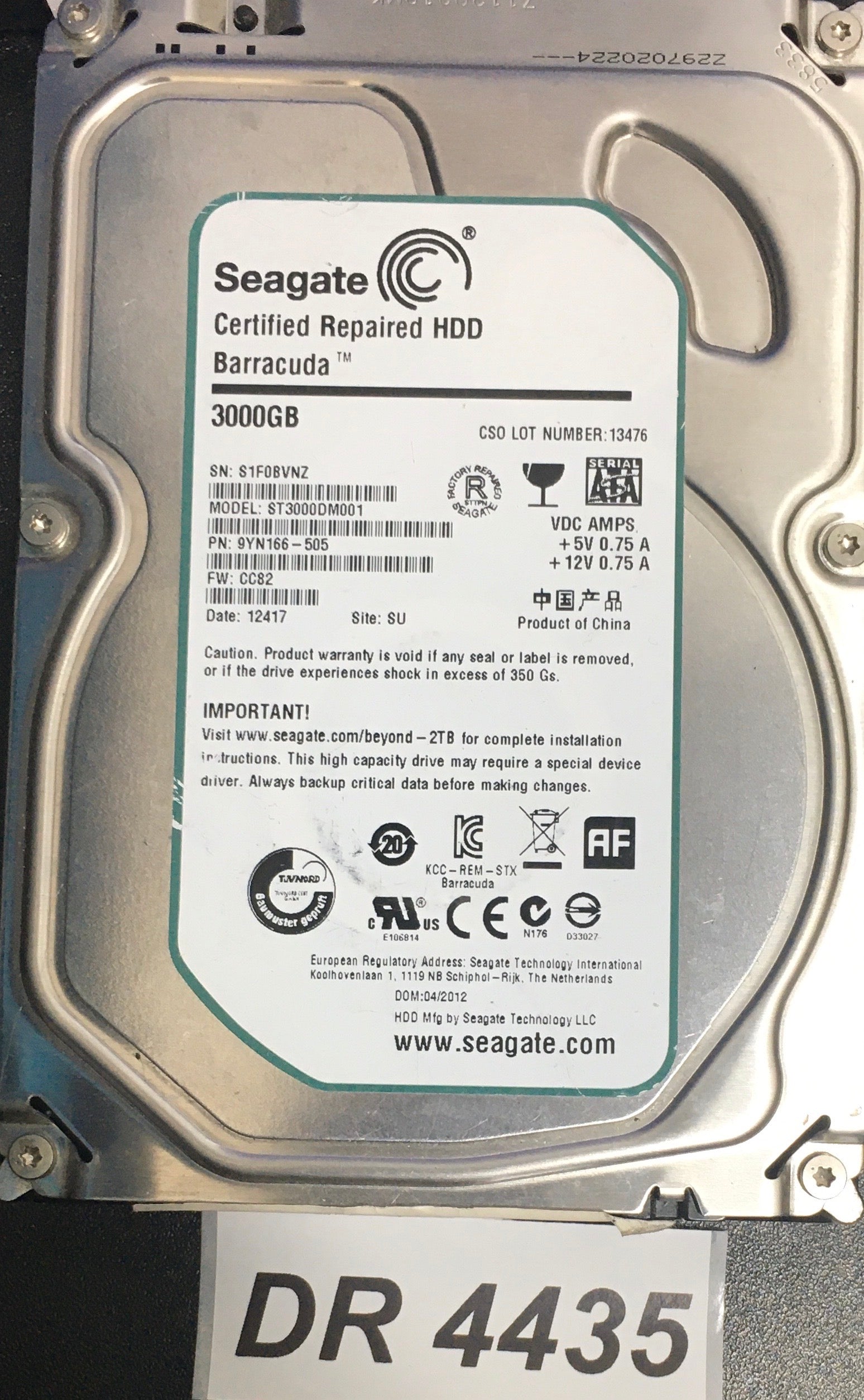 ST3000DM001 P/N:  9YN166-505  FW:CC82 Serial Number:S1F0BVNZ   3000GB 3.5  PCB: 100645422 REV A
