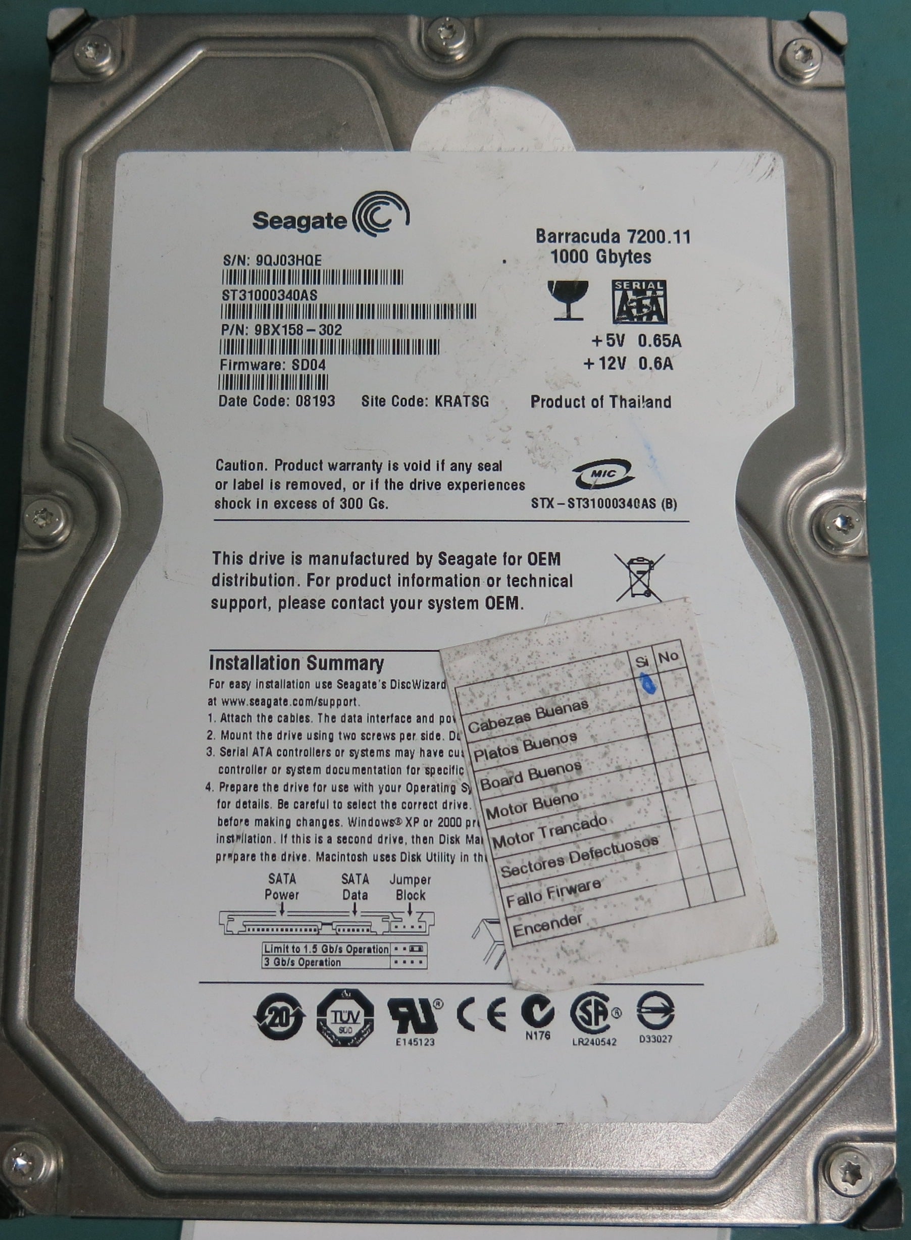 ST31000340AS, P/N: 9BX158-302, FW: SD04, Serial: 9QJ03HQE, 1000GB 3.5