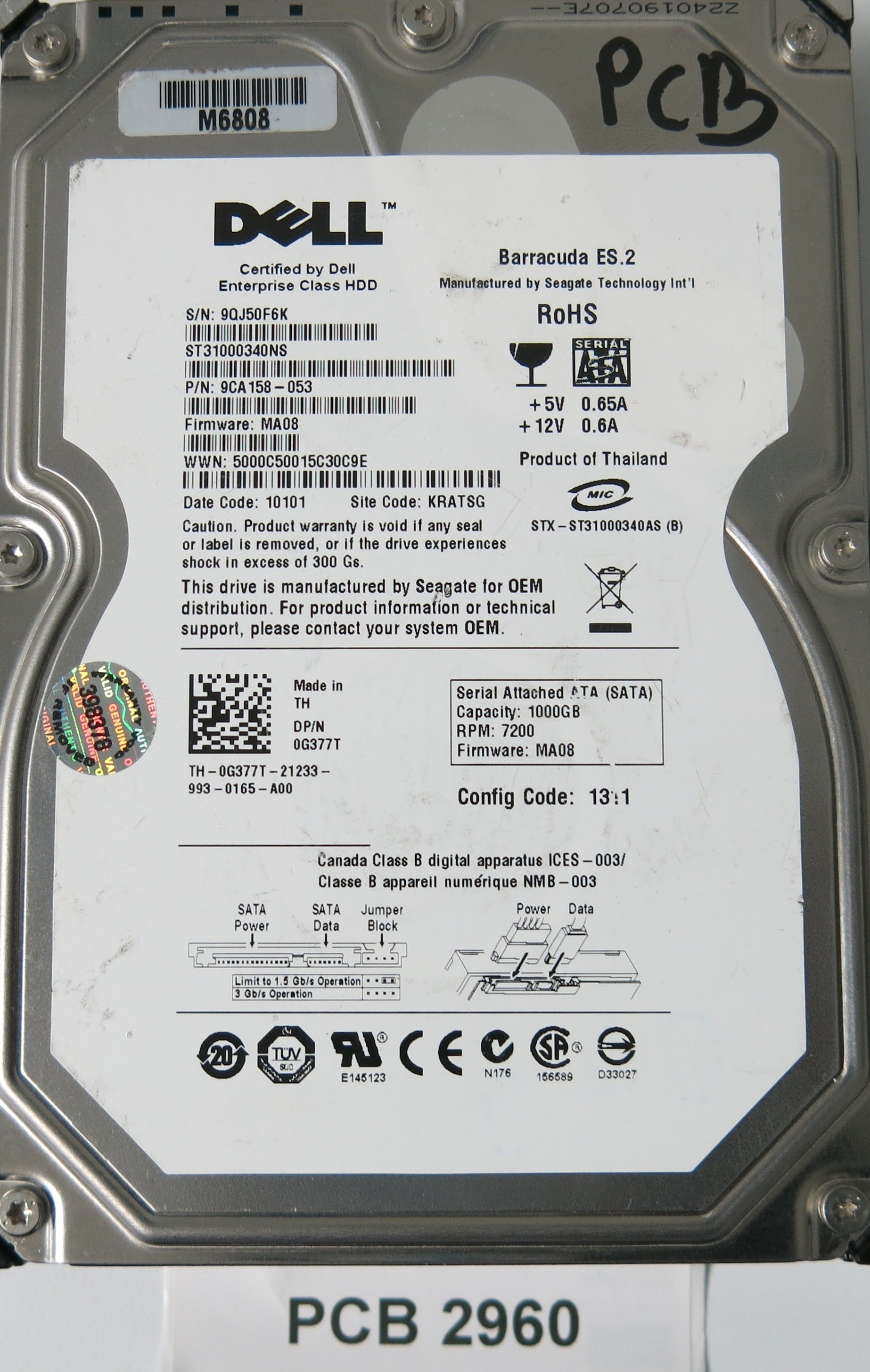 ST31000340NS, P/N: 9CA158-053, FW: MA08, Serial: 9QJ50F6K, 1000GB 3.5, PCB: 100466824 REV