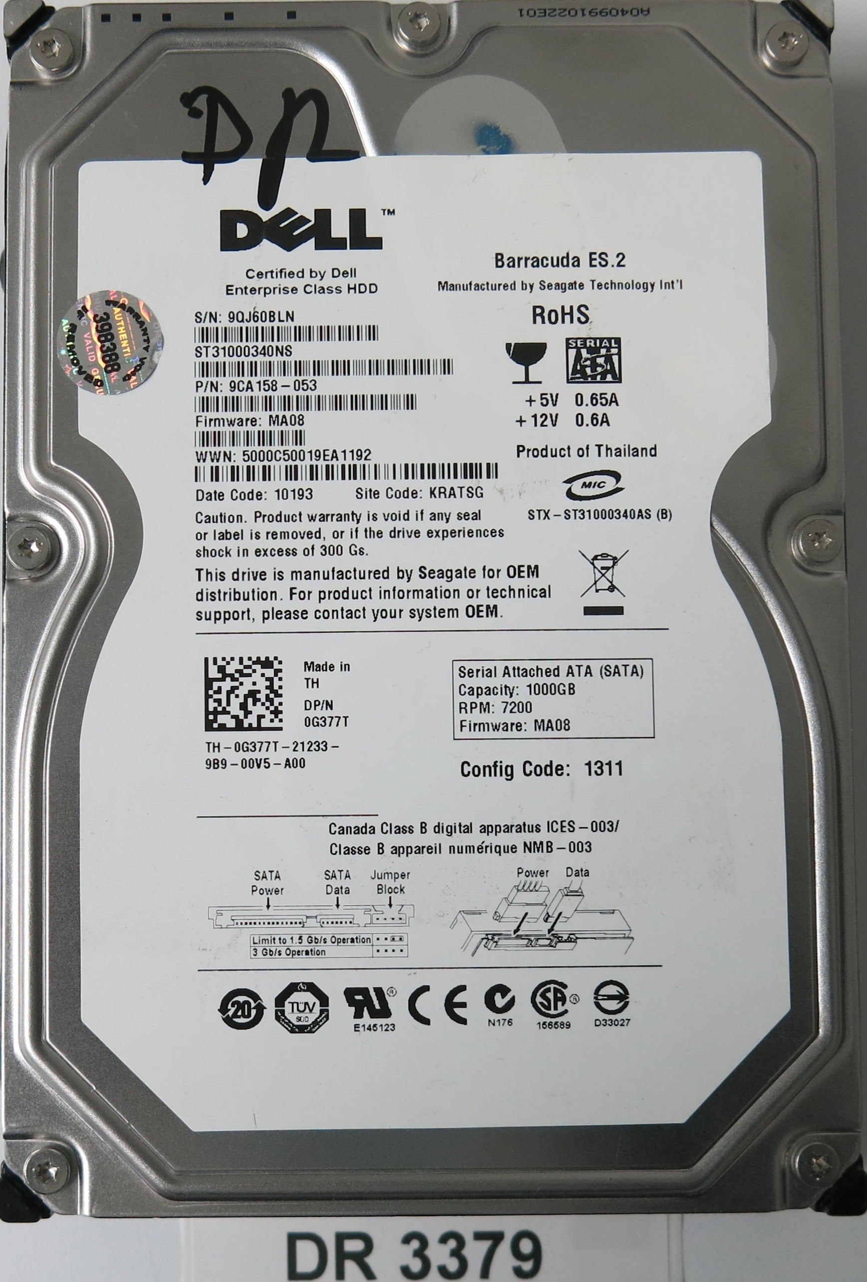 ST31000340NS, P/N: 9CA158-053, FW: MA08, Serial: 9QJ60BLN, 1000GB 3.5, PCB: 100466824REV