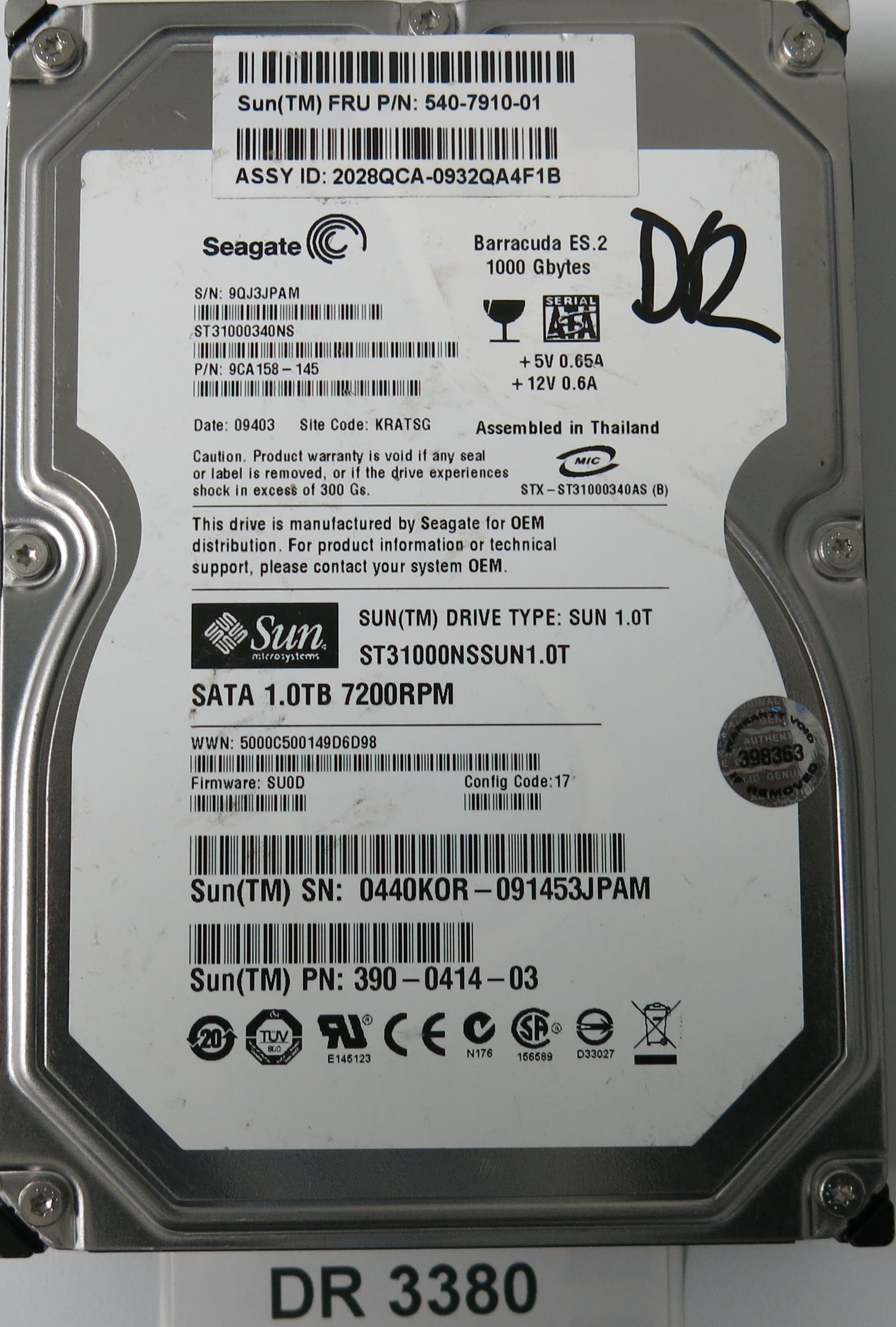 ST31000340NS, P/N: 9CA158-145, FW: SU0D, Serial: 9QJ3JPAM, 1000GB 3.5, PCB: 100466824 REV C