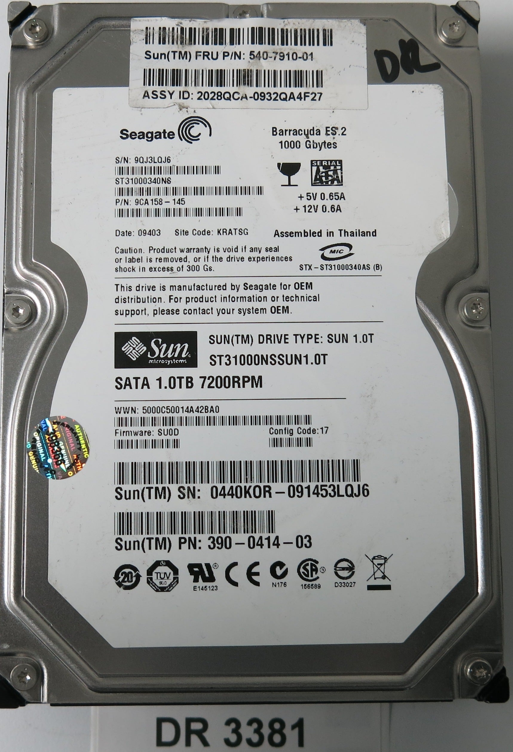 ST31000340NS, P/N: 9CA158-145, FW: SU0D, Serial: 9QJ3LQJ6, 1000GB 3.5, PCB: 100466824 REV C