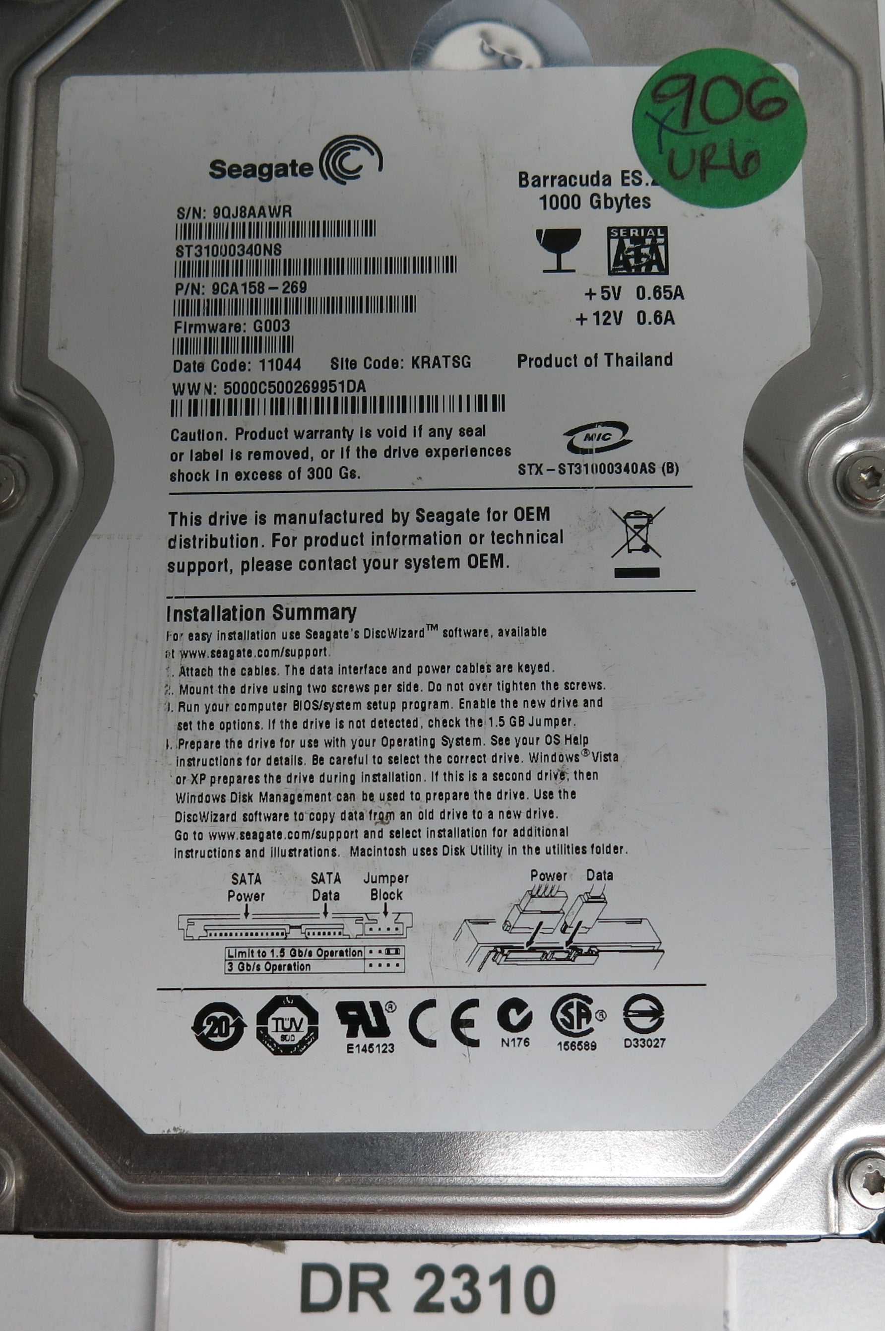 ST31000340NS, P/N: 9CA158-269, FW: G003, Serial: 9QJ8AAWR, 1000GB 3.5