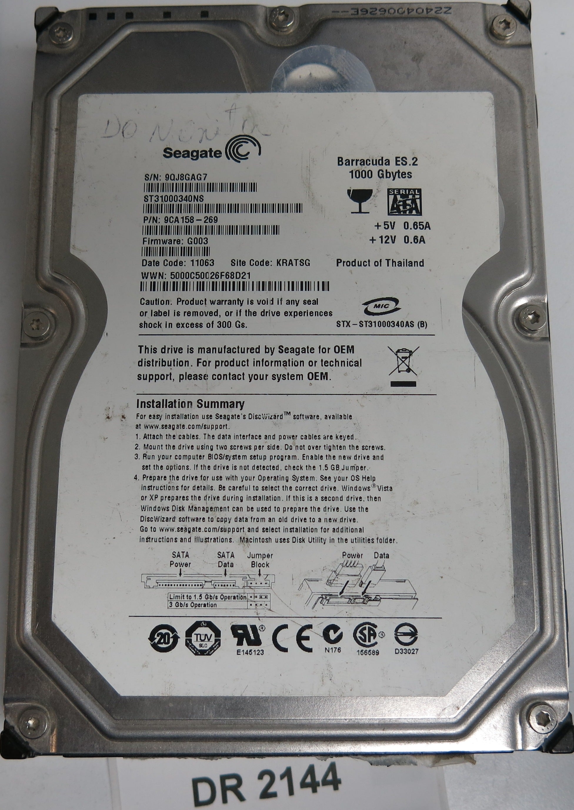 ST31000340NS, P/N: 9CA158-269, FW: G003, Serial: 9QJ8GAG7, 1000GB 3.5, PCB: 100466824 REV C