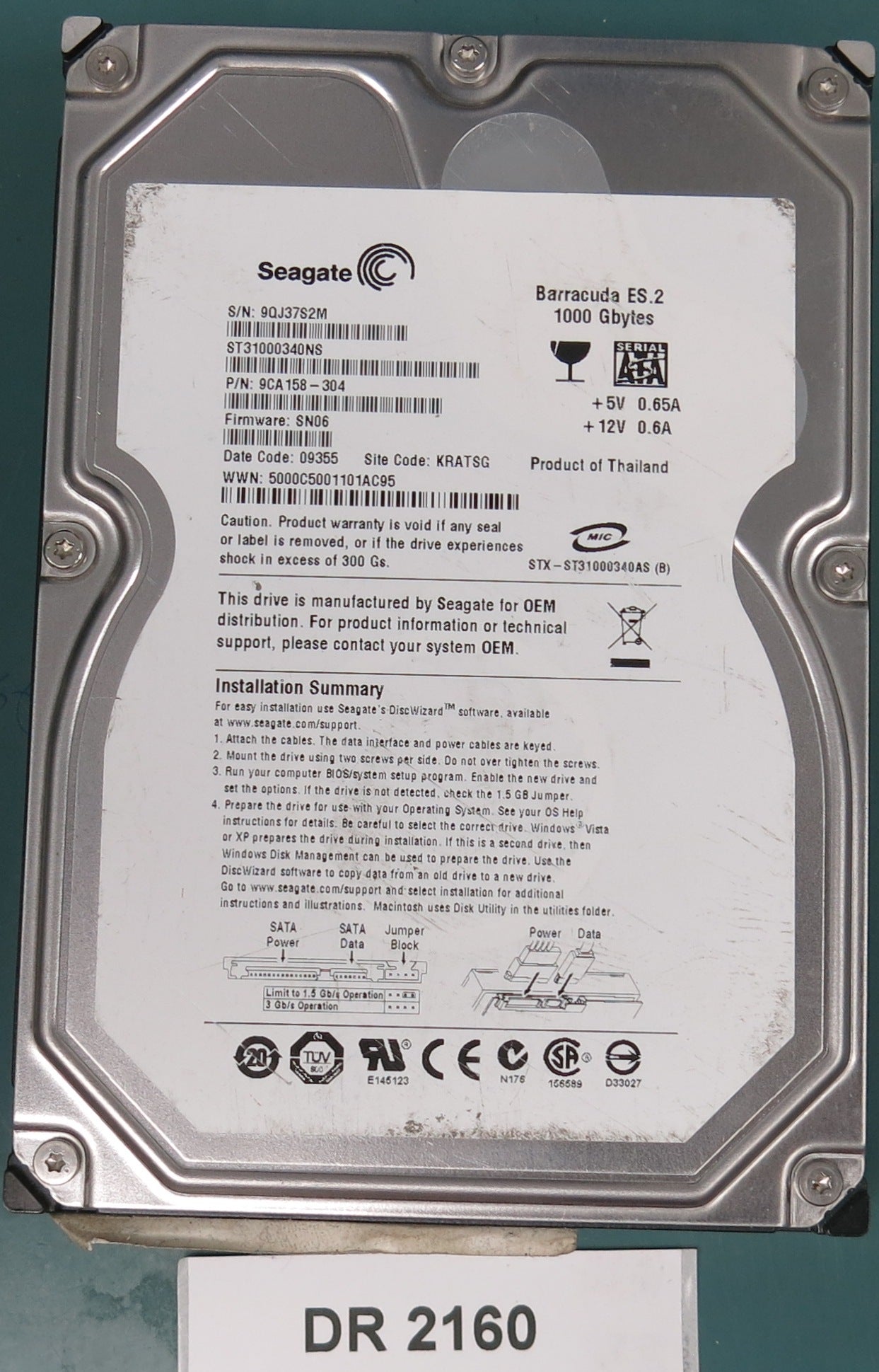 ST31000340NS, P/N: 9CA158-304, FW: SN06, Serial: 9QJ37S2M, 1000GB 3.5, PCB: 100466824 REV A