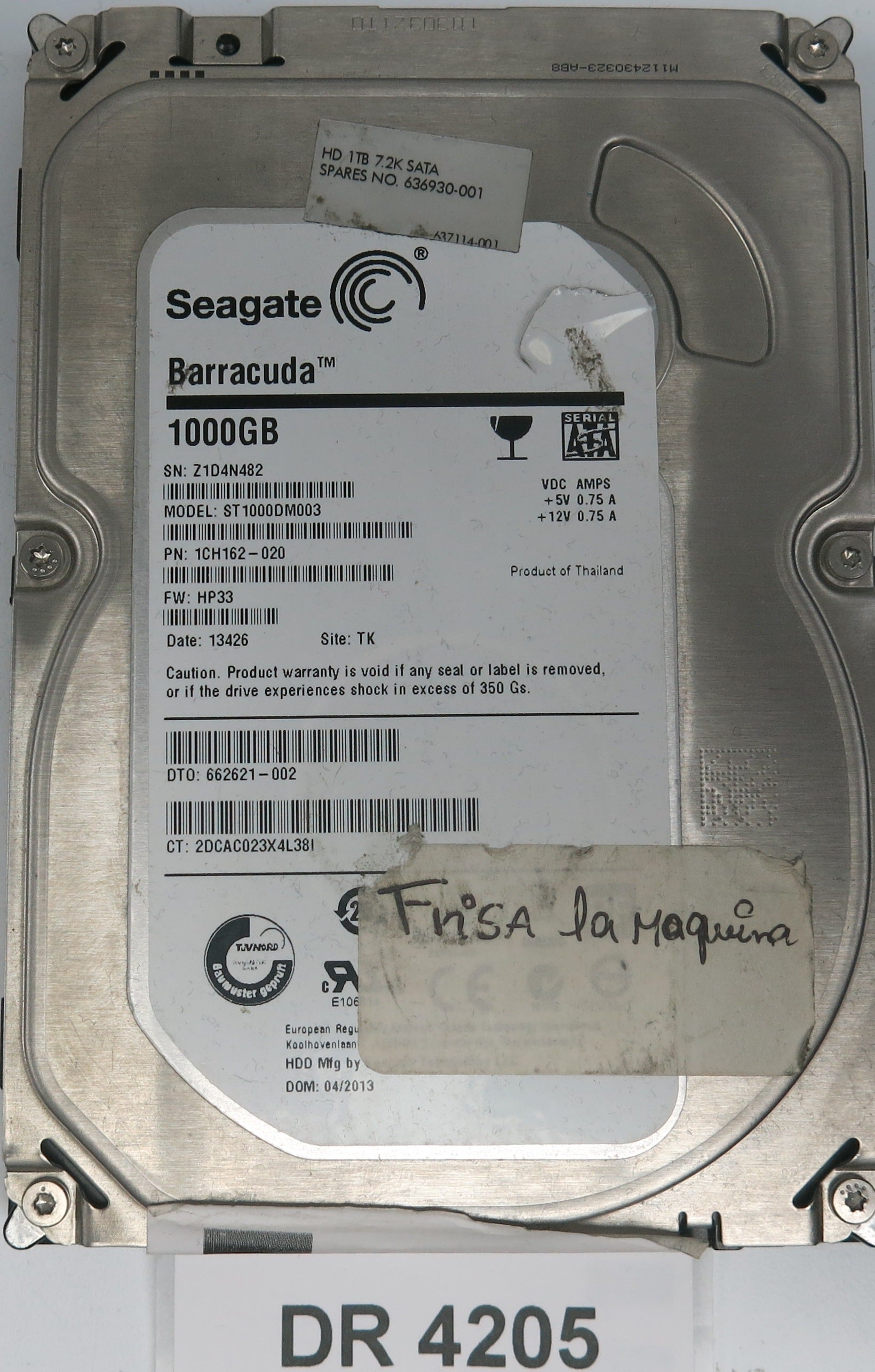 ST1000DM003,  P/N:1CH162-020,  FW:HP33,  Serial:Z1D4N482,  1000GB 3.5