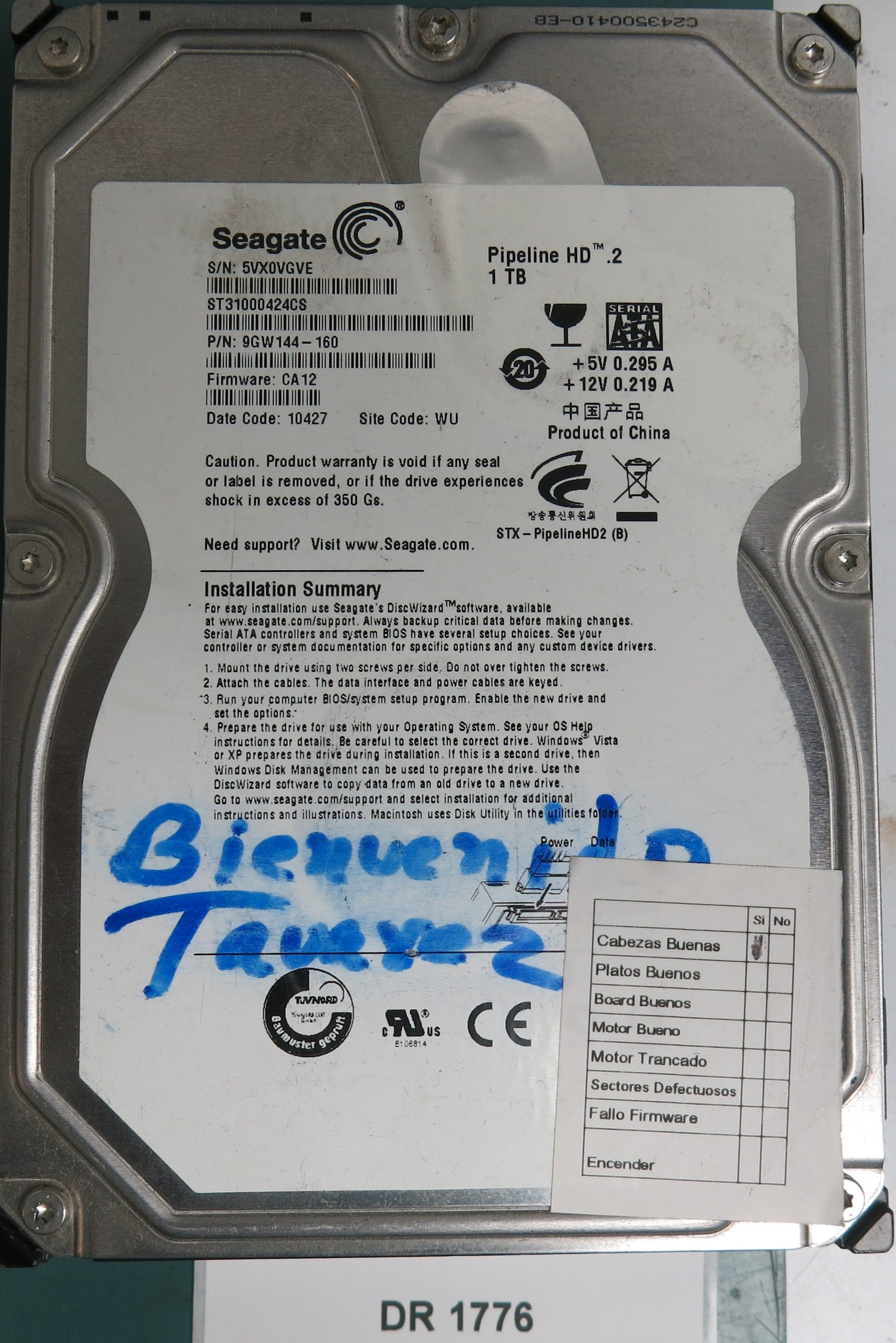 ST31000424CS P/N: 9GW144-160 FW: CA12 Serial: 5VX0VGVE 1TB 3.5 PCB: 100535537 REV A
