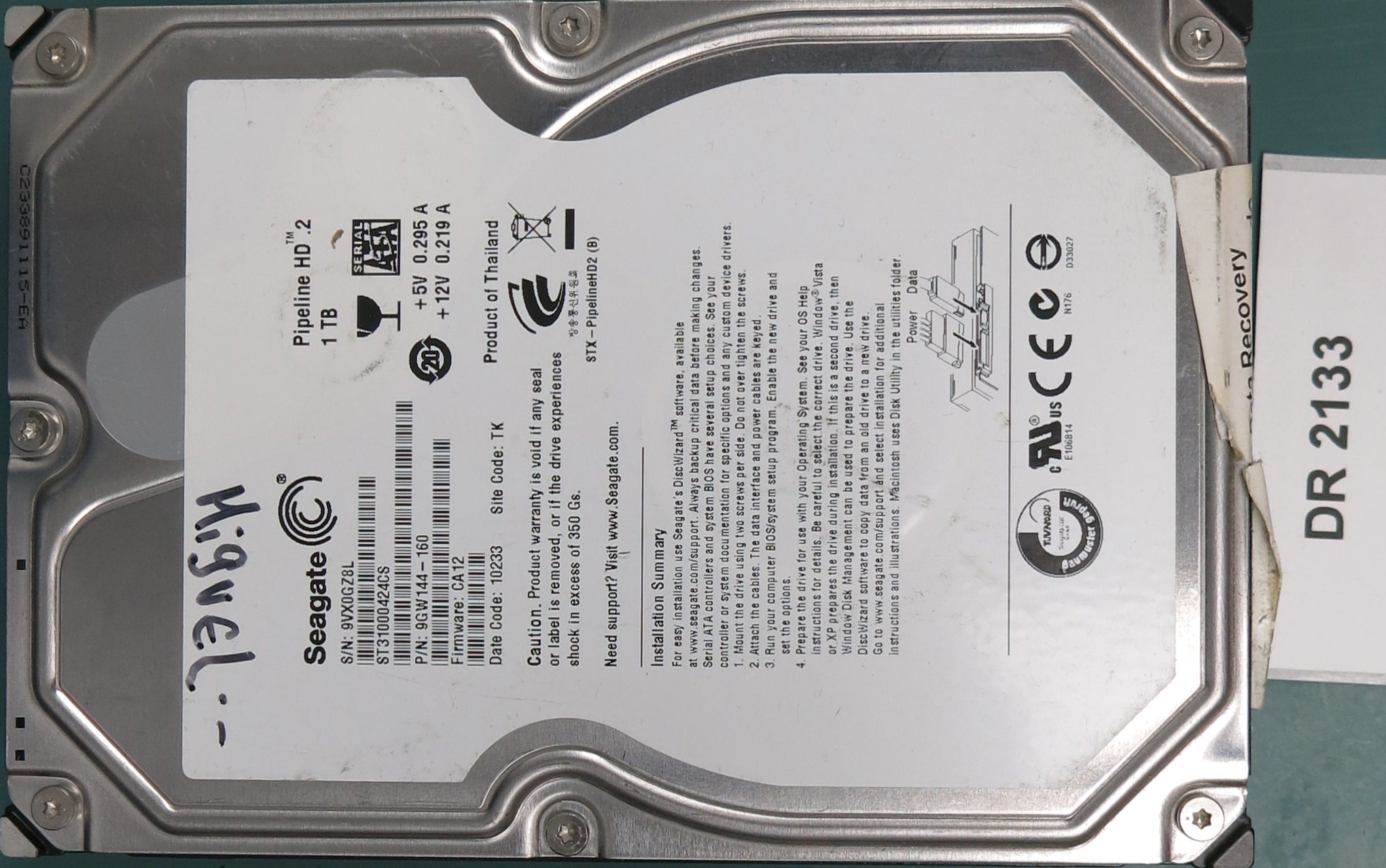 ST31000424CS, P/N: 9GW144-160, FW: CA12, Serial: 9VX0GZ8L, 1TB 3.5, PCB: 100535537 REV A