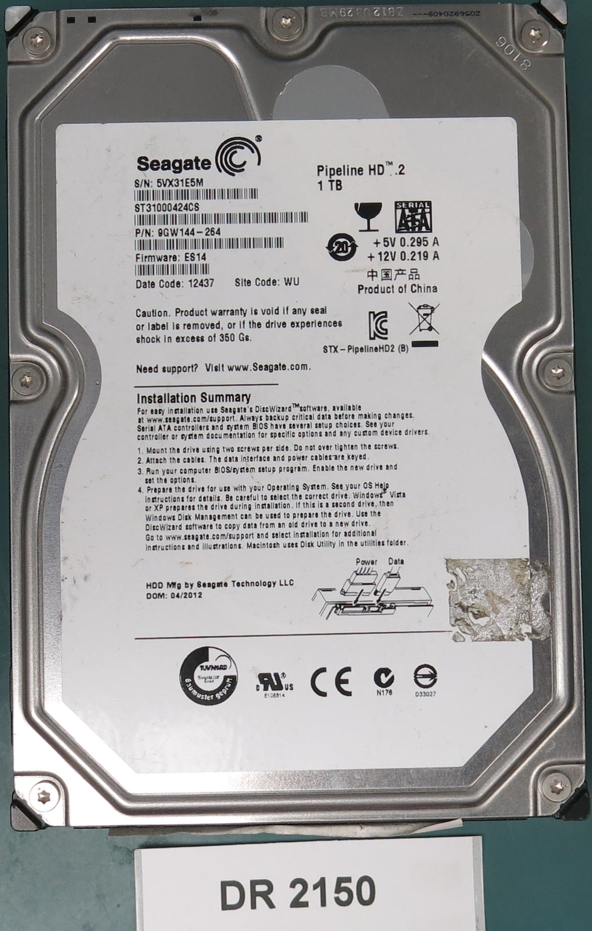 ST31000424CS, P/N: 9GW144-264, FW: ES14, Serial: 5VX31E5M, 1TB 3.5, PCB: 100535537 REV C