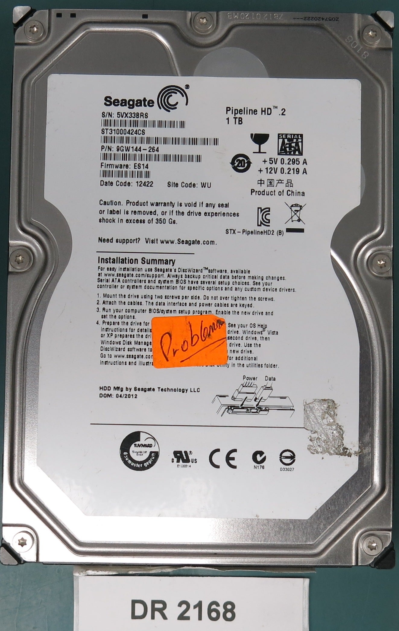 ST31000424CS, P/N: 9GW144-264, FW: ES14, Serial: 5VX33BRS, 1TB 3.5, PCB: 100535537 REV C