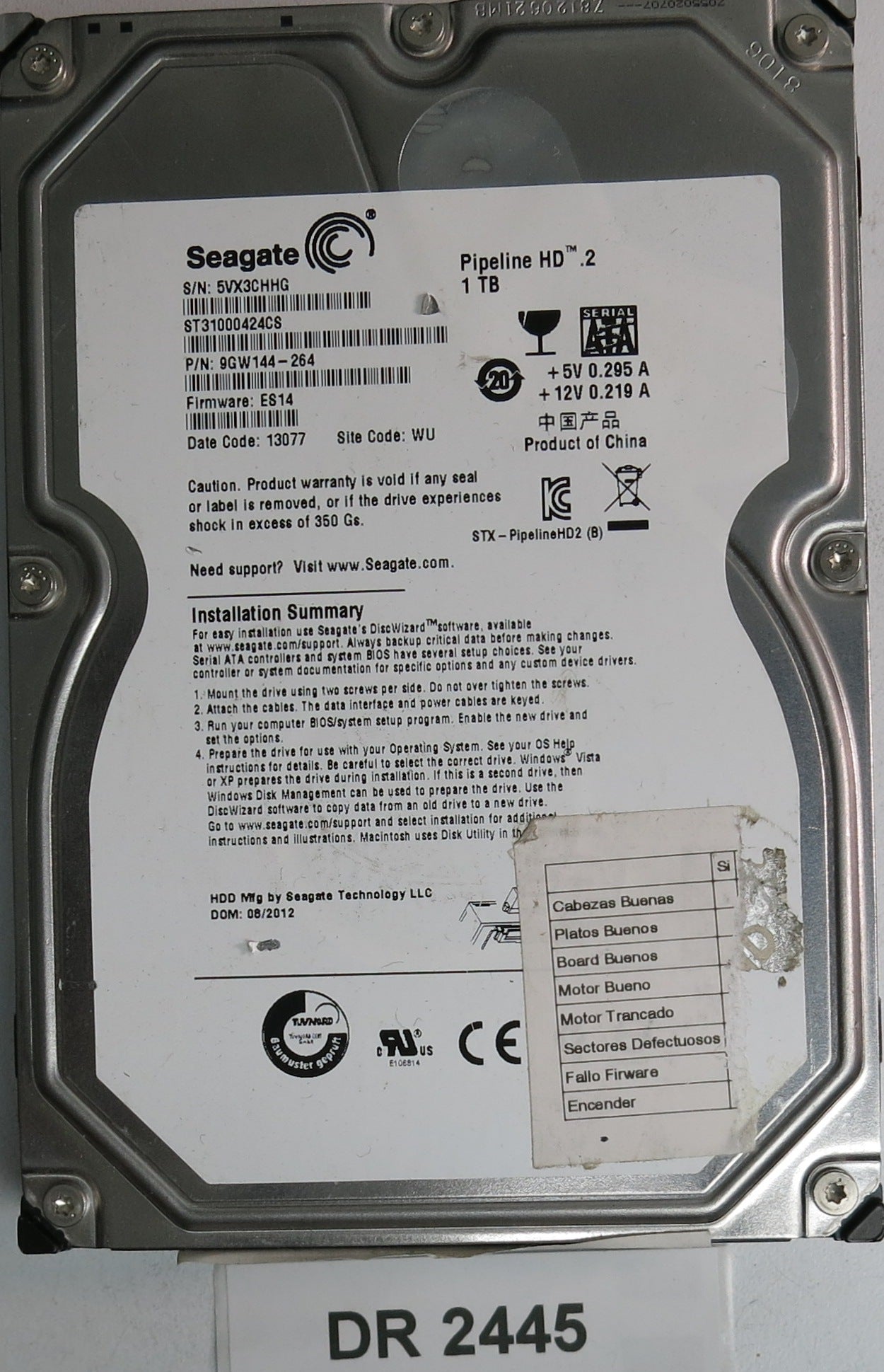 ST31000424CS, P/N: 9GW144-264, FW: ES14, Serial: 5VX3CHHG, 1TB 3.5, PCB: 100535537 REV C