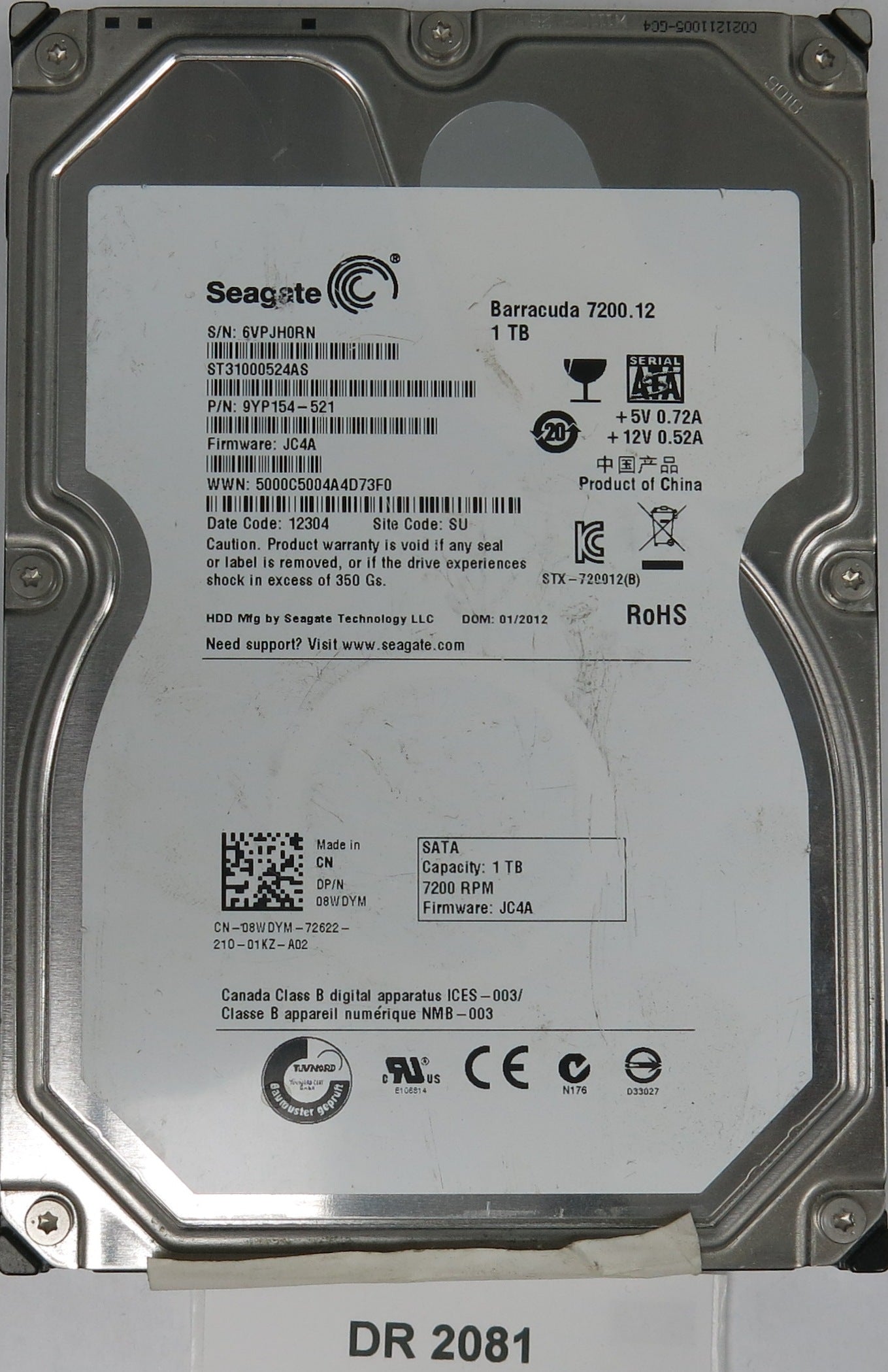 ST31000524AS, 9YP154-521, FW: JC4A, Serial: 6VPJH0RN, 1TB 3.5, PCB: 100574451 REV B