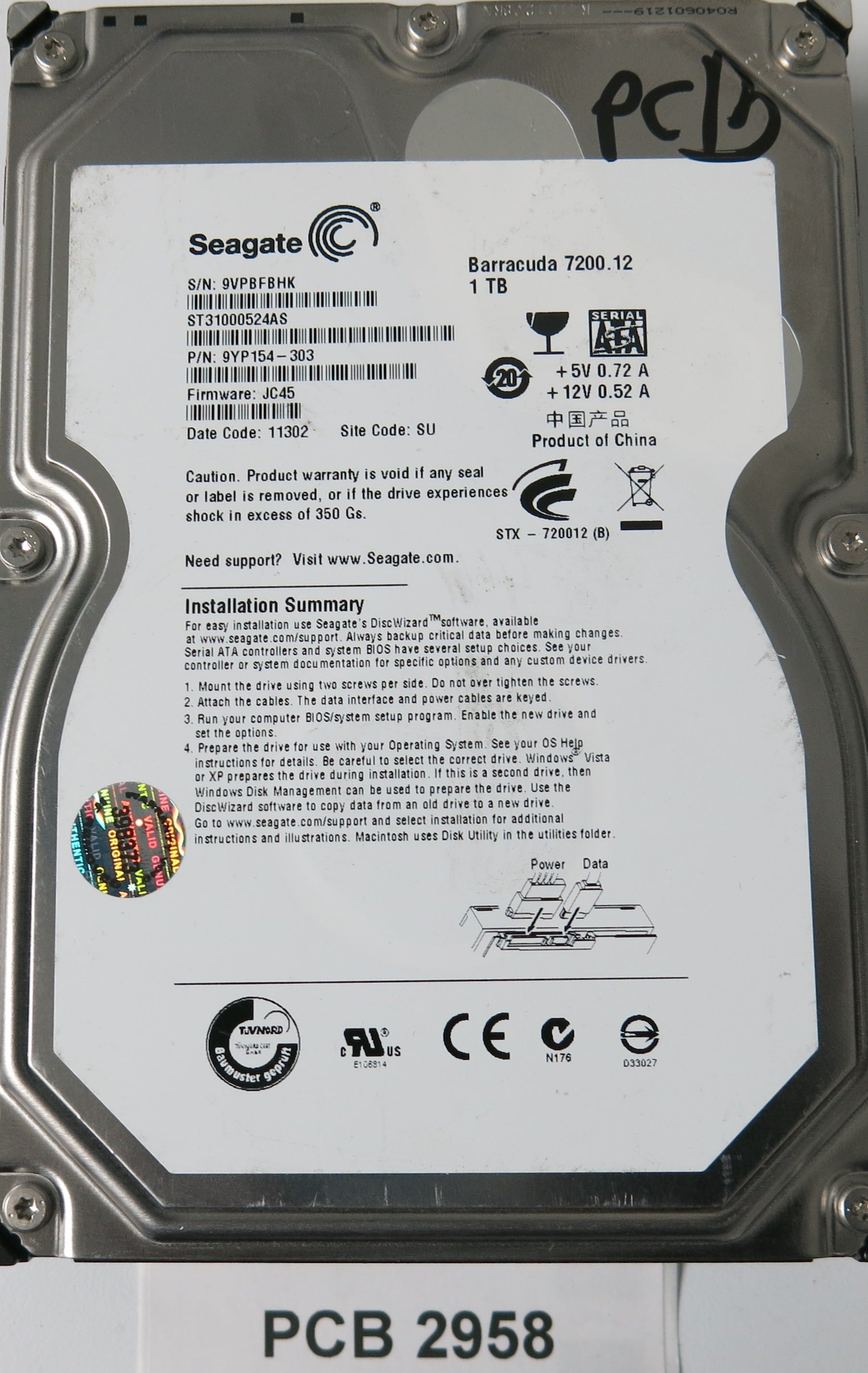 ST31000524AS, P/N: 9YP154-303, FW: JC45, Serial: 9VPBFBHK, 1TB 3.5, PCB: 100536501 REV B