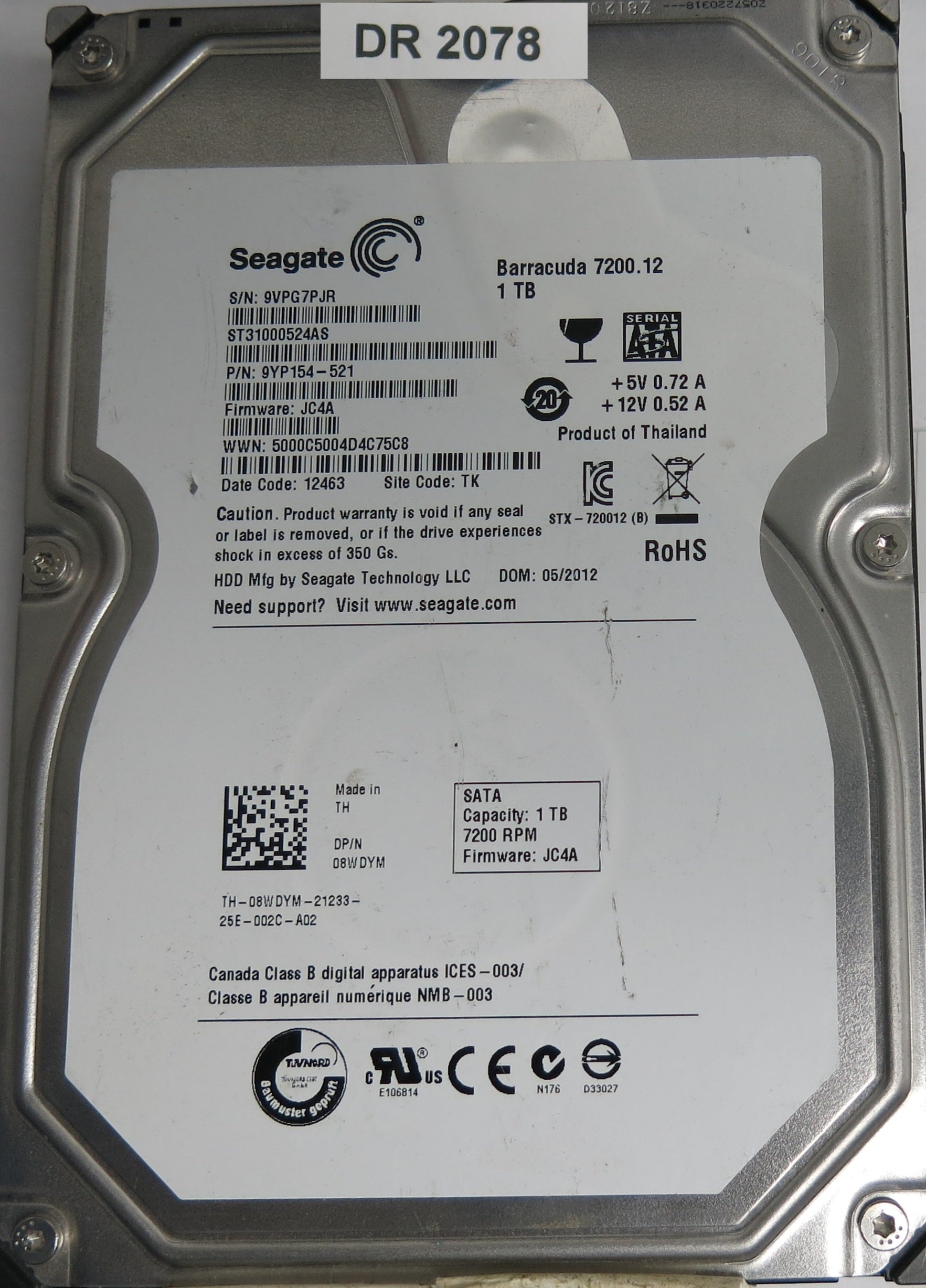ST31000524AS, P/N: 9YP154-521, FW: JC4A, Serial: 9VPG7PJR, 1TB 3.5 , PCB: 100574451 REV B