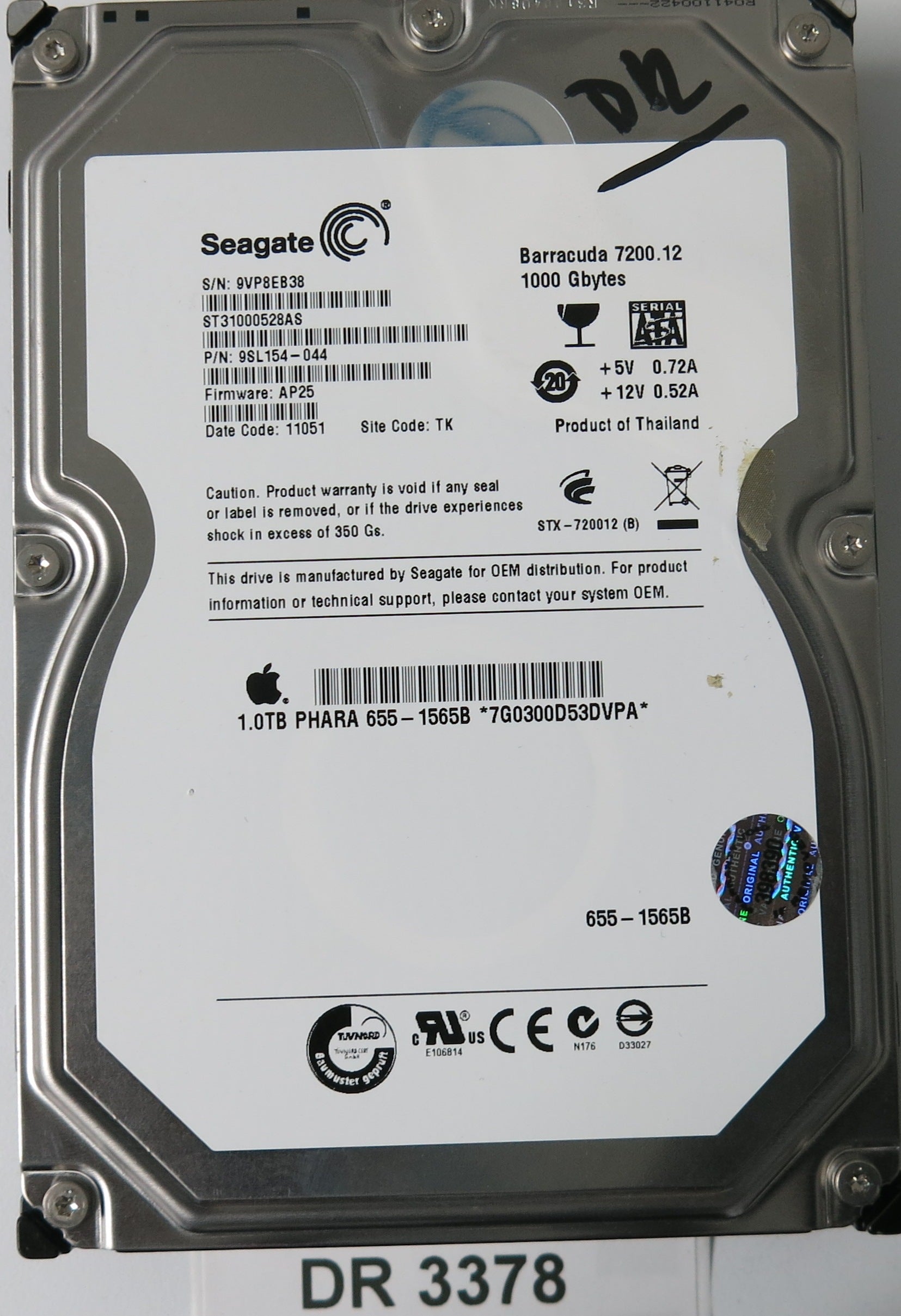 ST31000528AS, P/N: 9SL154-044, FW: AP25, Serial: 9VP8EB38, 1000GB 3.5, PCB: 100535537 REV A