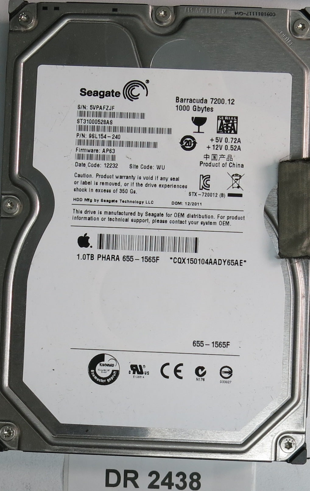 ST31000528AS, P/N: 9SL154-240, FW: AP63, Serial: 5VPAFZJF, 1000GB 3.5, PCB: 100535537 REV C