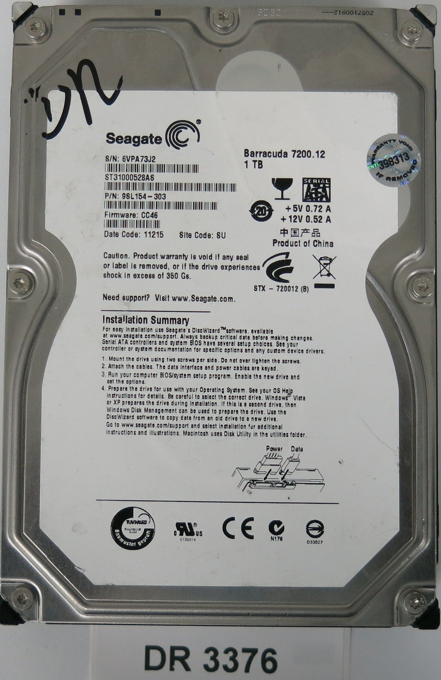 ST31000528AS, P/N: 9SL154-303, FW: CC46, Serial: 6VPA73J2, 1TB 3.5, PCB: 100535537 REV A