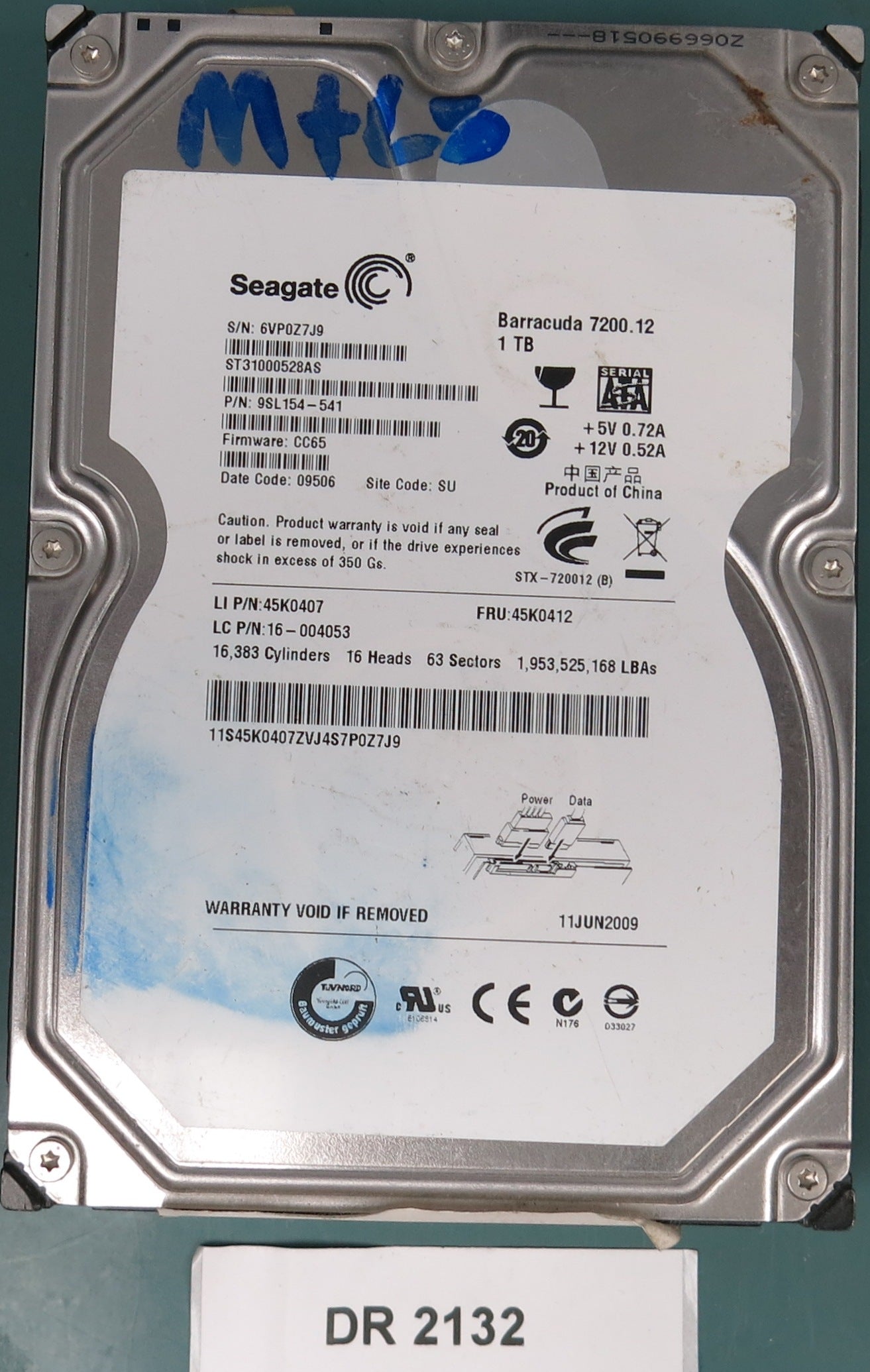 ST31000528AS, P/N: 9SL154-541, FW: CC65, Serial: 6VP0Z7J9, 1TB 3.5,  PCB: 100535537 REV A