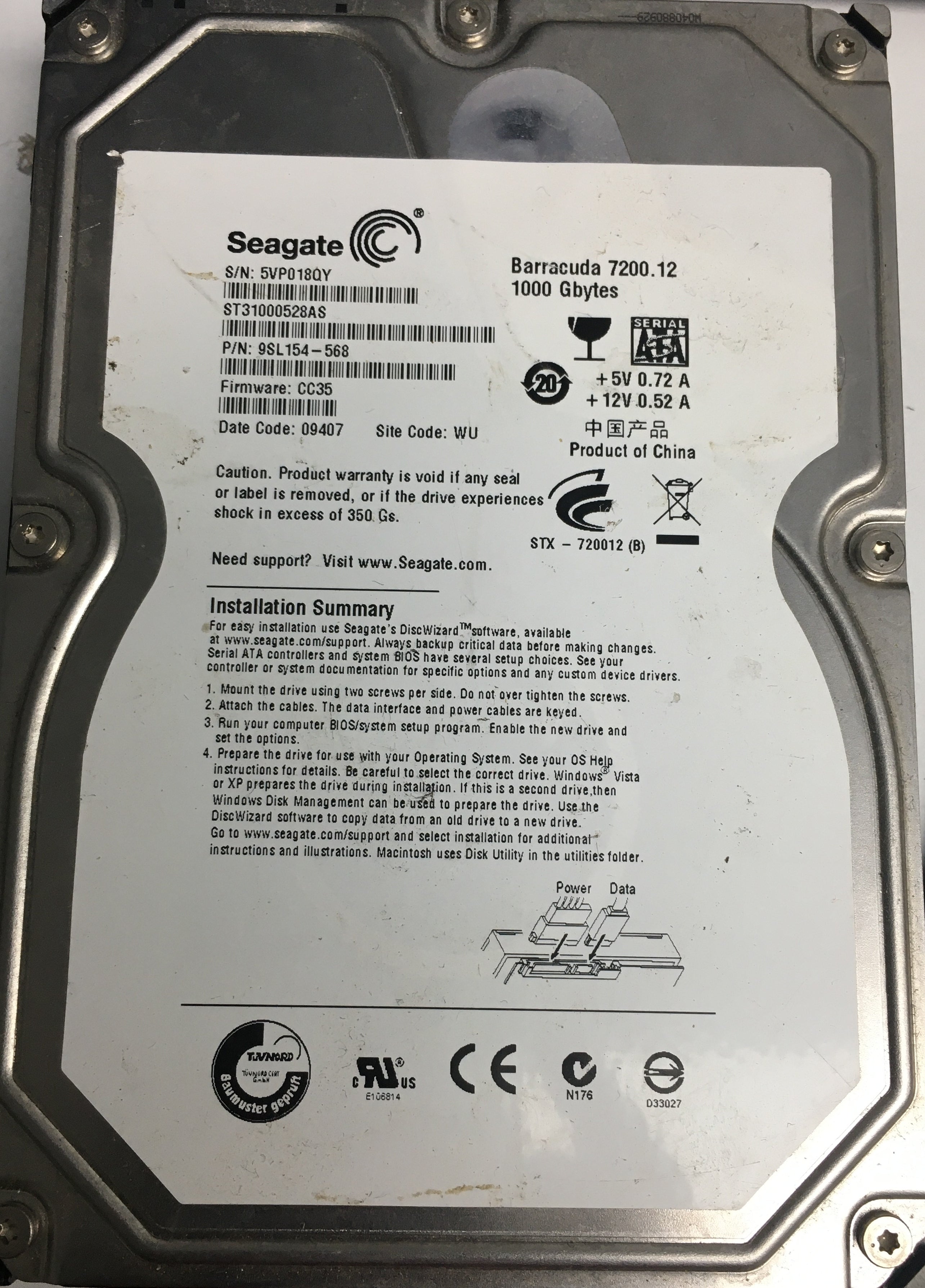 ST31000528AS P/N: 9SL154-568 FW: CC35 Serial: 5VP018QY 1000GB 3.5  PCB: 100536501 REV A