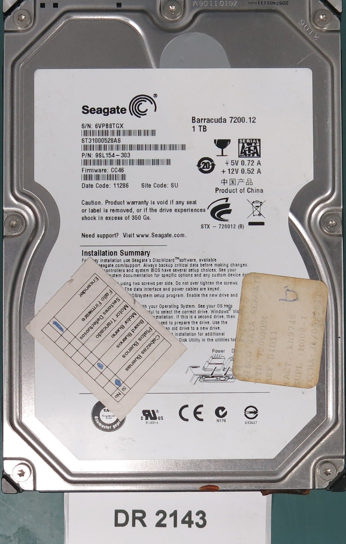 ST31000528AS, P/N: 9SL1547-303, FW: CC46, Serial: 9VPB8TGX, 1TB 3.5, PCB: 100574453 REV B