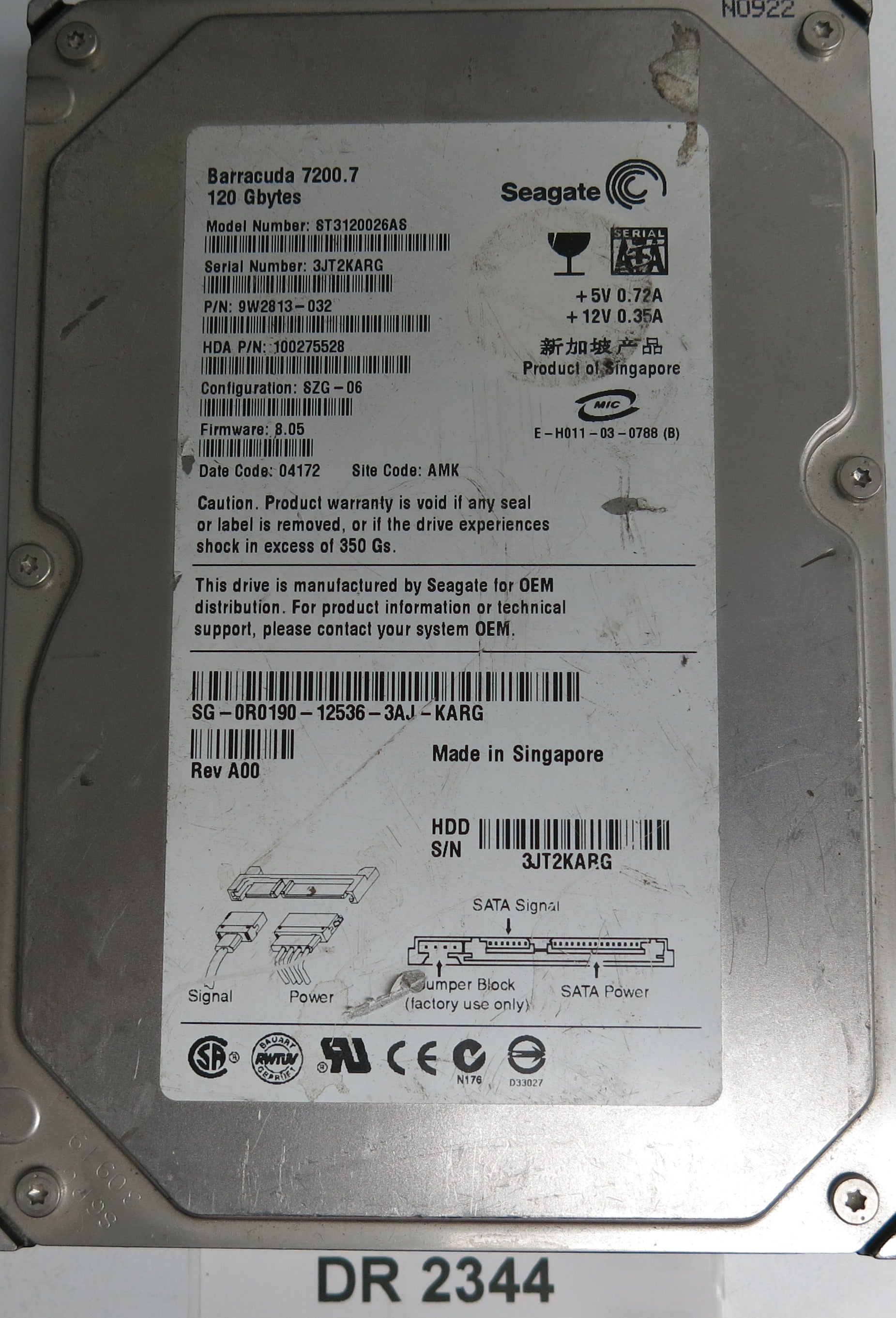 ST3120026AS, P/N: 9W2813-032, FW: 8.05, Serial: 3JT2KARG, 120GB 3.5