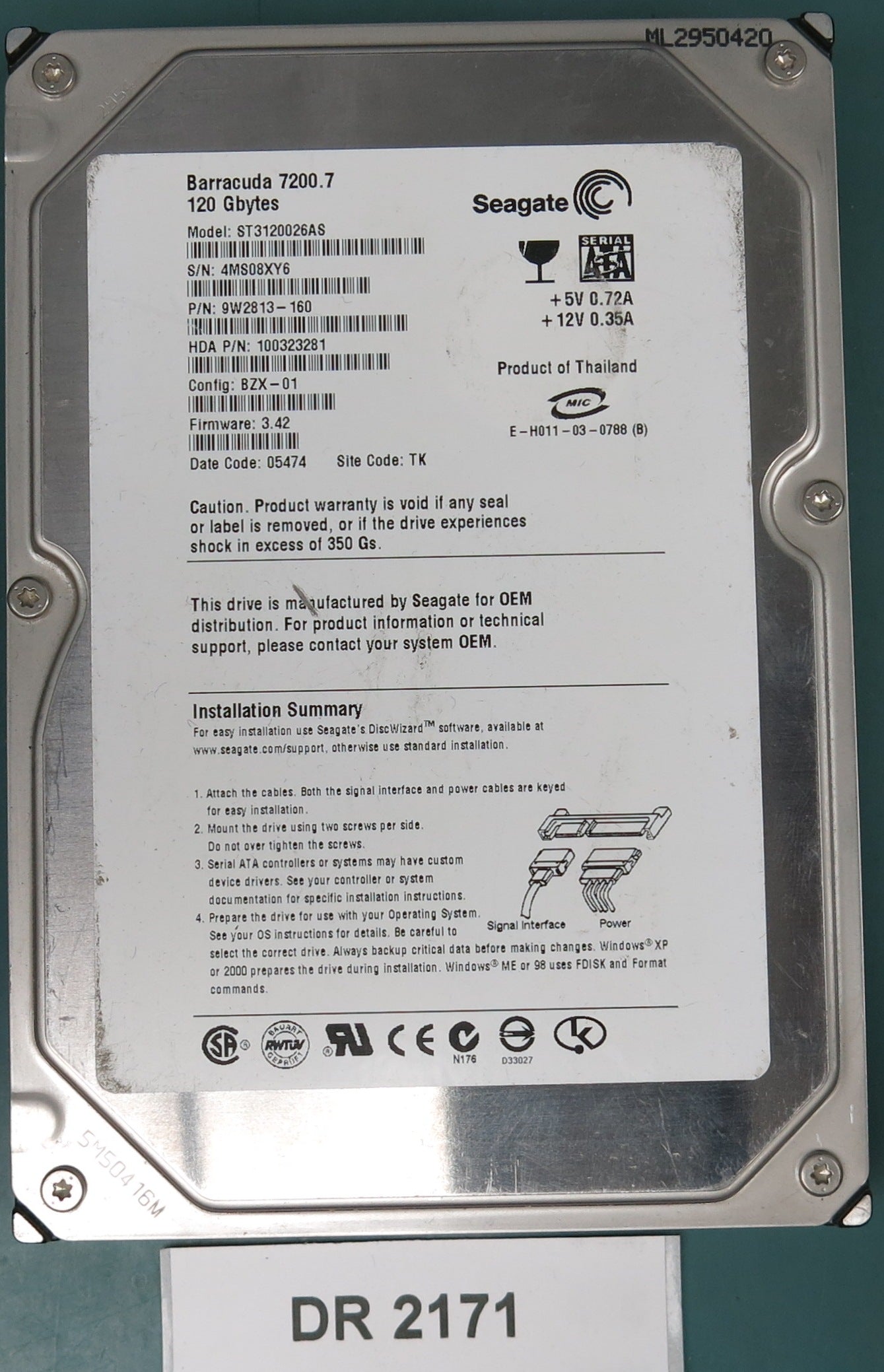 ST3120026AS, P/N: 9W2813-160, FW: 3.42, Serial: 4MS08XY6, 120GB 3.5,  PCB: 100336321 REV A