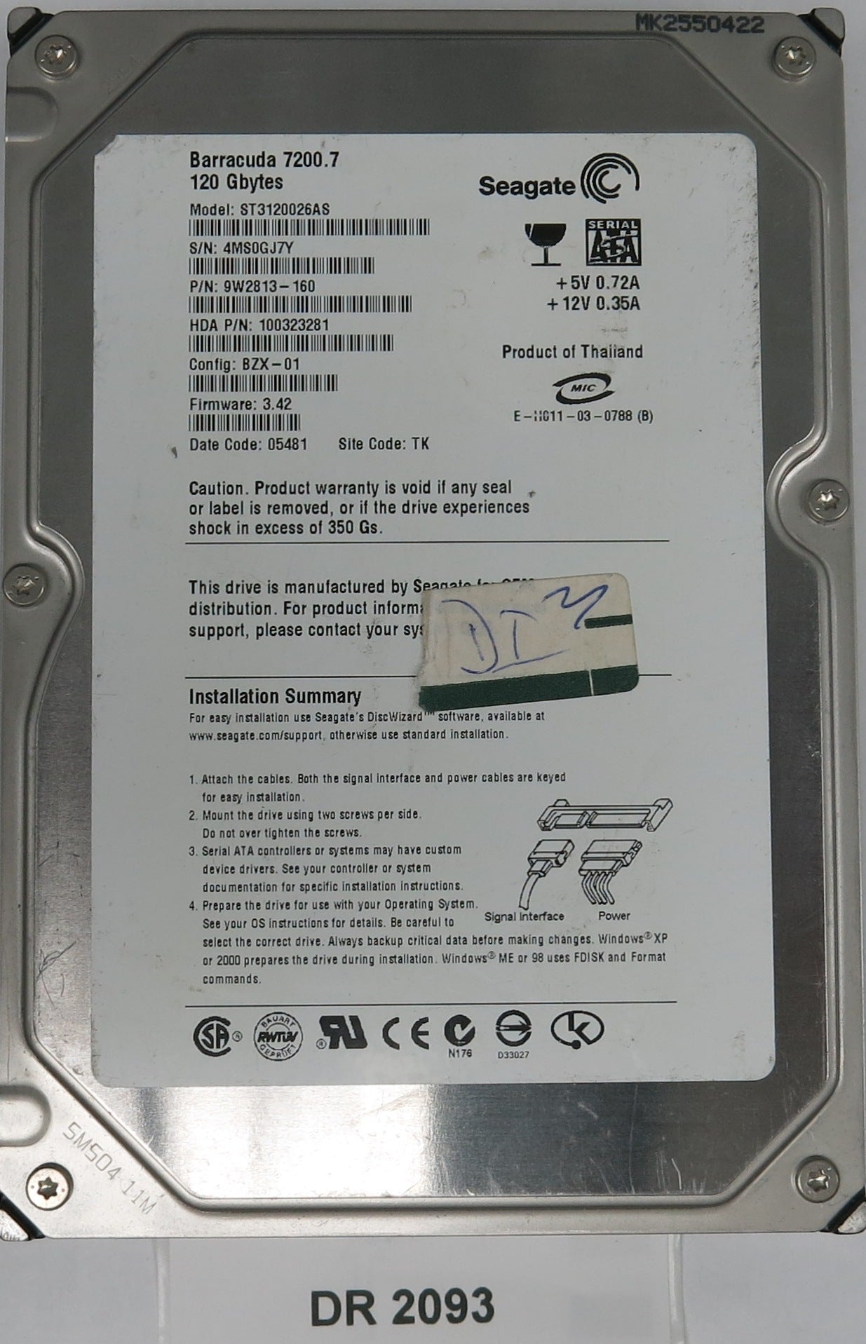 ST3120026AS, P/N: 9W2813-160, FW: 3.42, Serial: 4MS0GJ7Y, 120GB 3.5 , PCB: 100336321 REV A