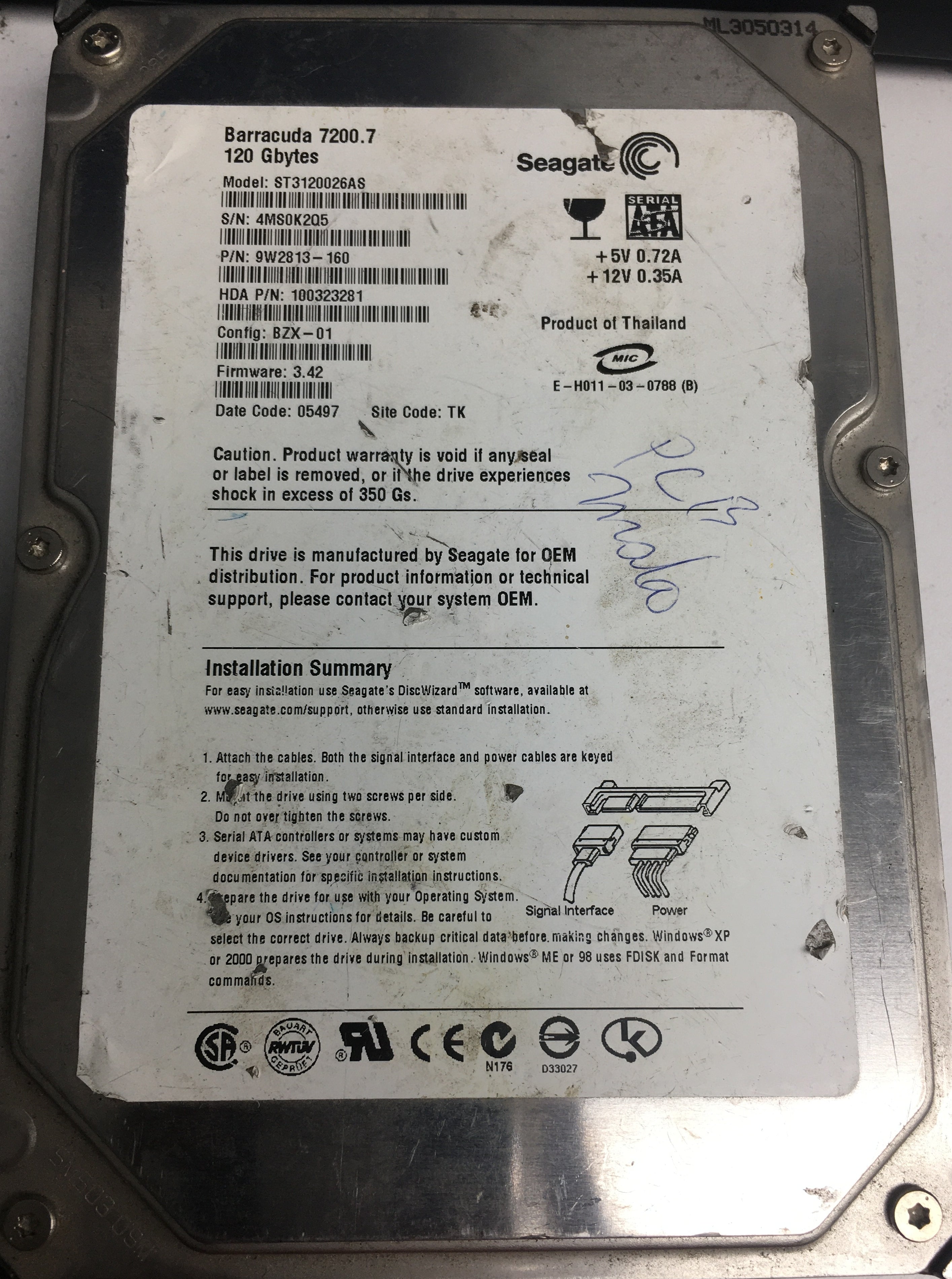 ST3120026AS, P/N: 9W2813-160, FW: 3.42, Serial: 4MS0K2Q5, 120GB 3.5, PCB: 100336321REV A