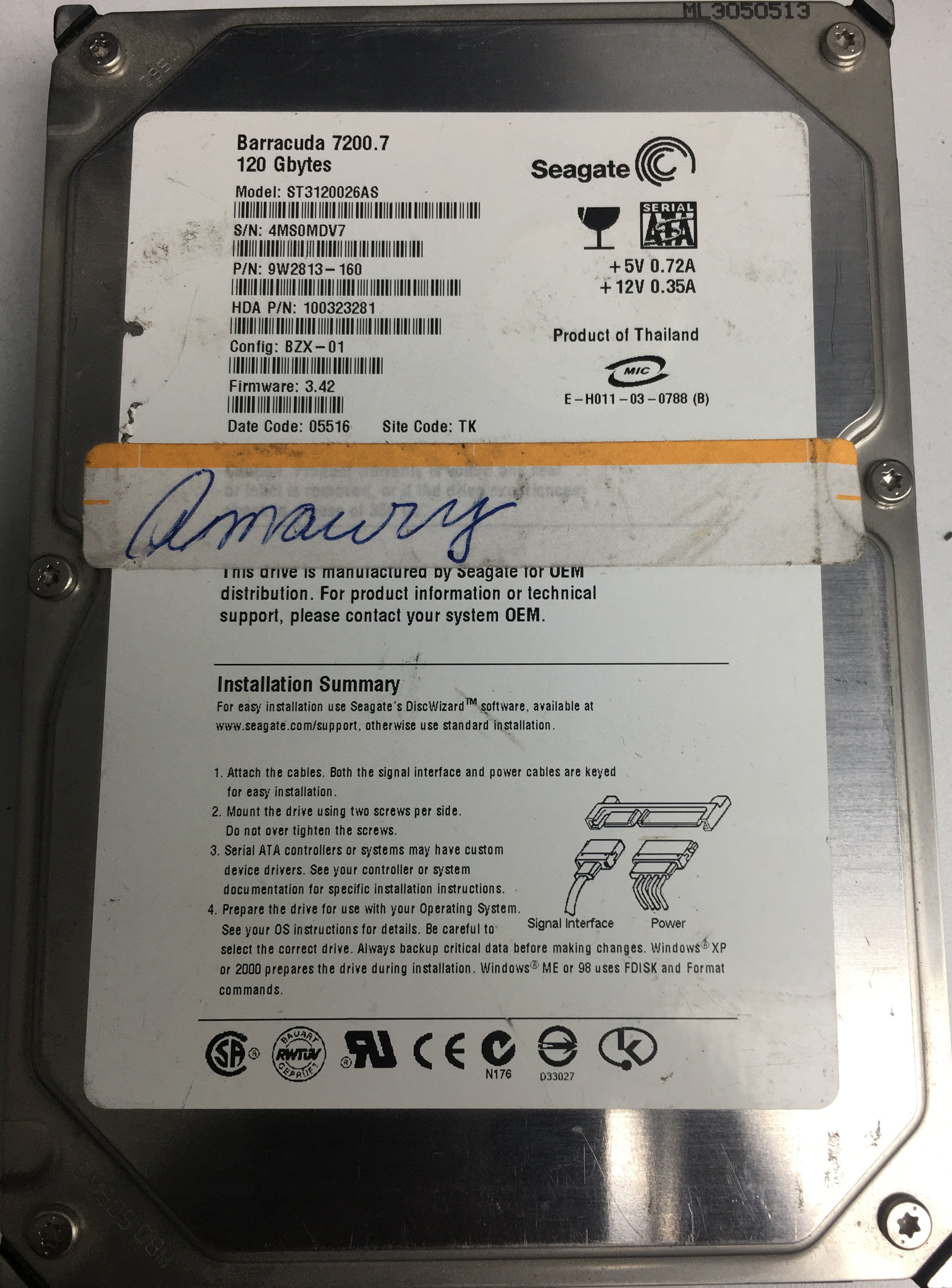 ST3120026AS P/N: 9W2813-160 FW: 3.42 Serial: 4MS0MDV7 120GB 3.5 PCB: 100336321 REV A