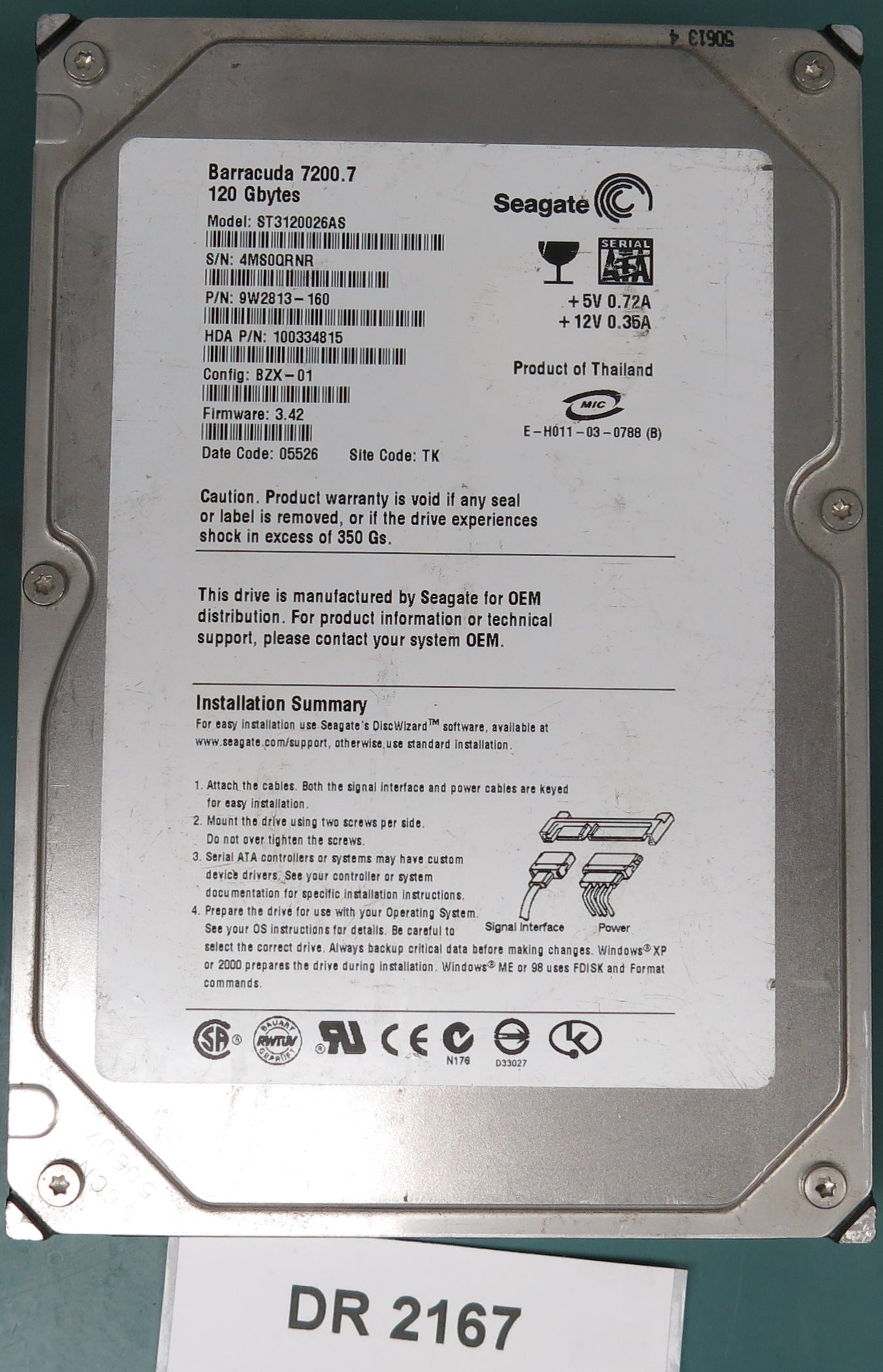 ST3120026AS, P/N: 9W2813-160, FW: 3.42, Serial: 4MS0QRNR, 120GB 3.5, PCB: 100336321 REV A